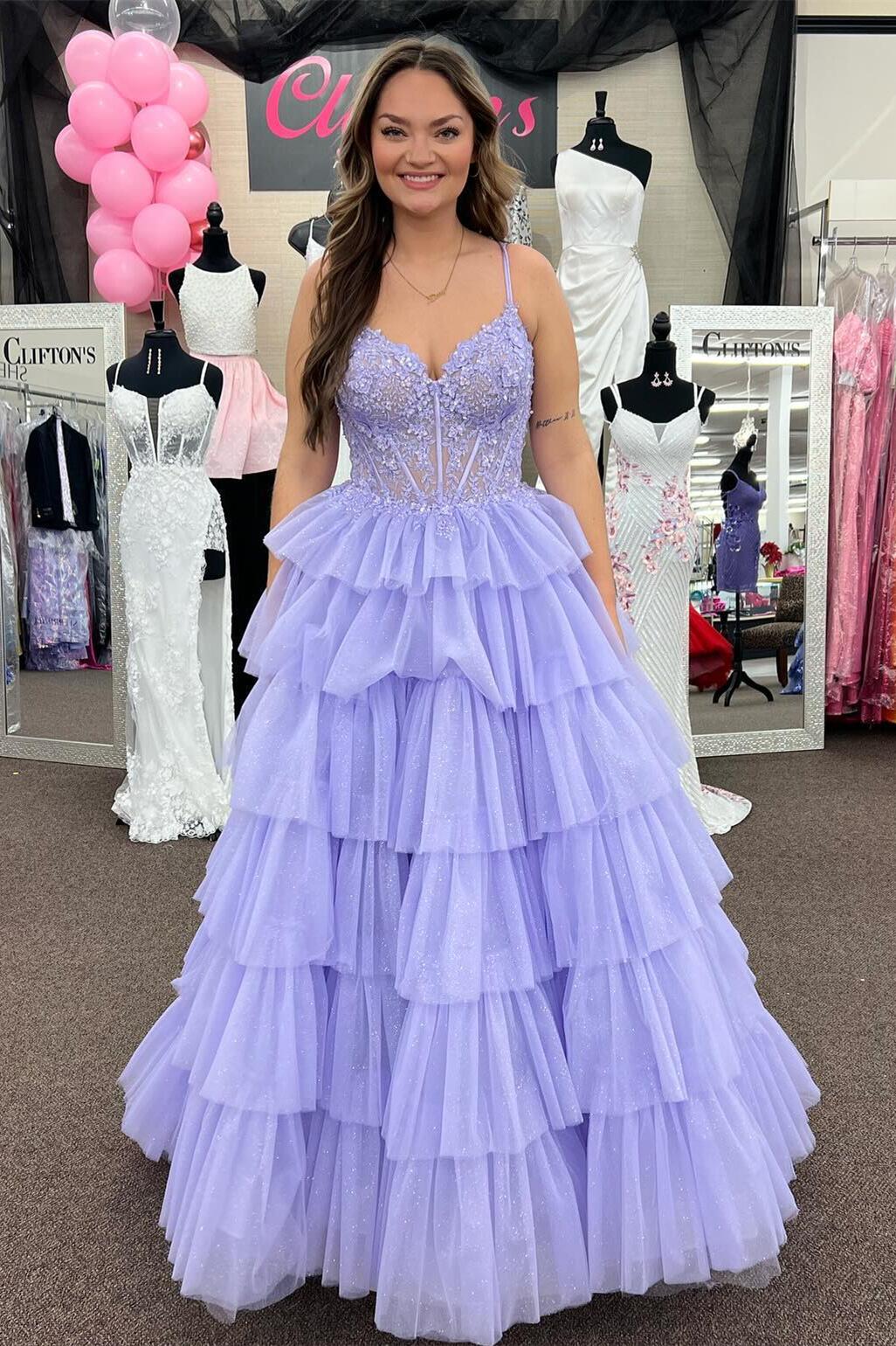 Straps Blue Appliques Tiered Ruffle Long Formal Dress