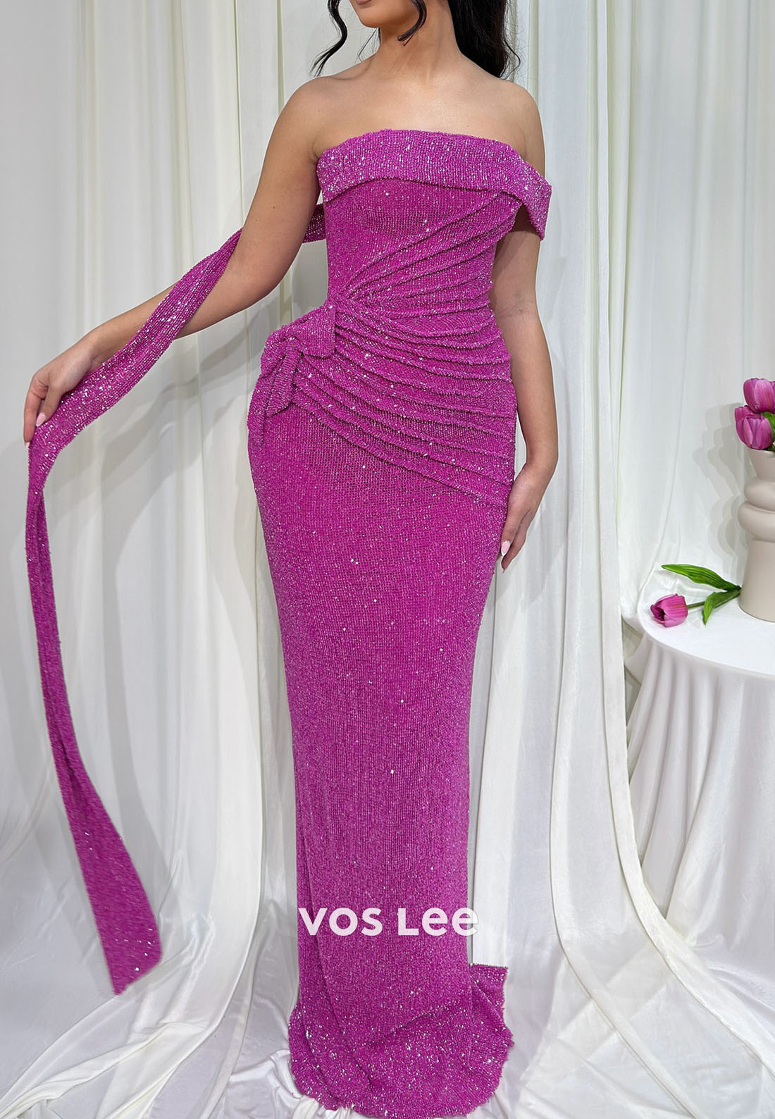 Fuchsia Strapless Ruched Glitter Mermaid Prom Dress, Formal Evening Gown