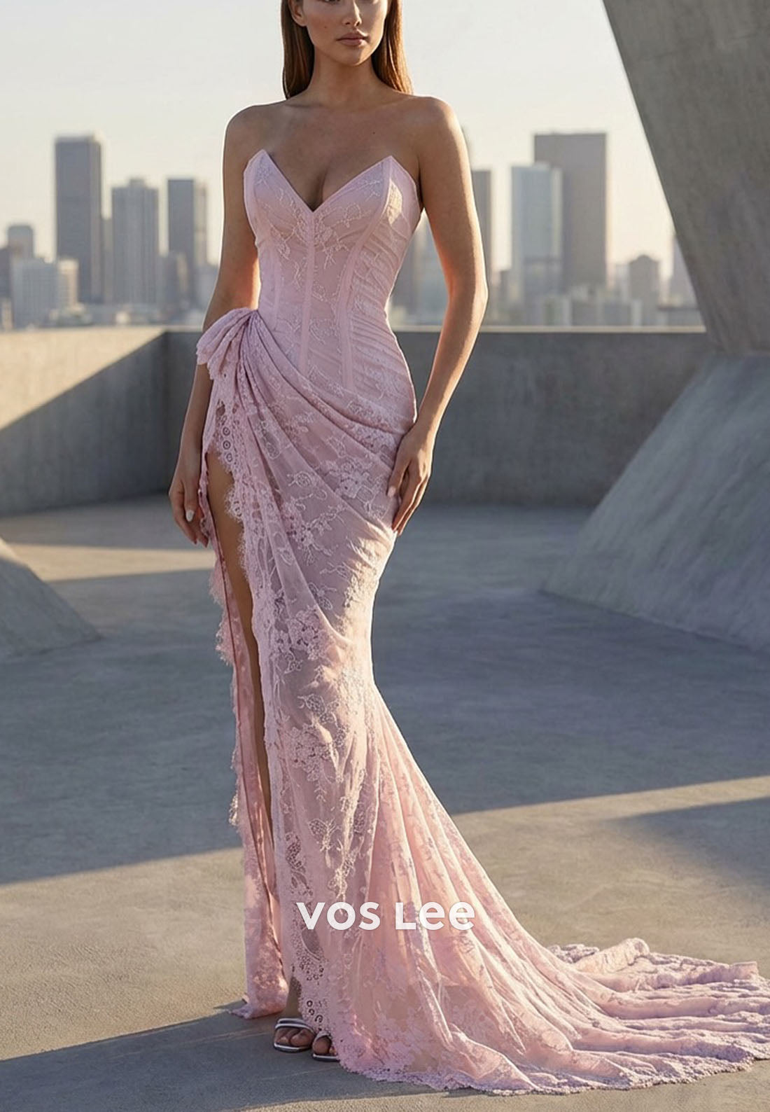 Elgant Mermaid Strapless Pink Sweetheart Lace Corset Prom Dress with Split
