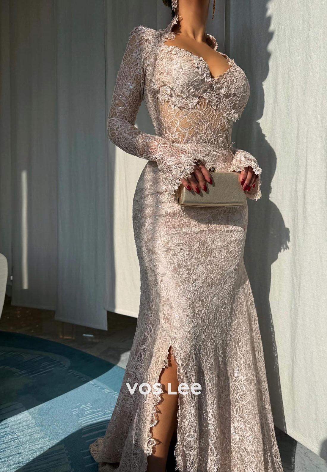 Lace Long Sleeves Sweetheart Evening Dress Lace Appliques With Split