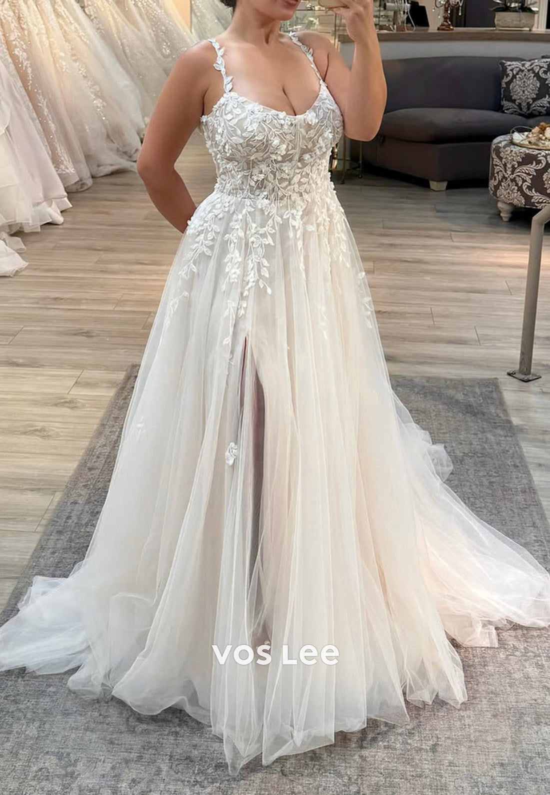 Spaghetti Straps A-Line Scoop Appliques Lace Wedding Dresses with Side Split