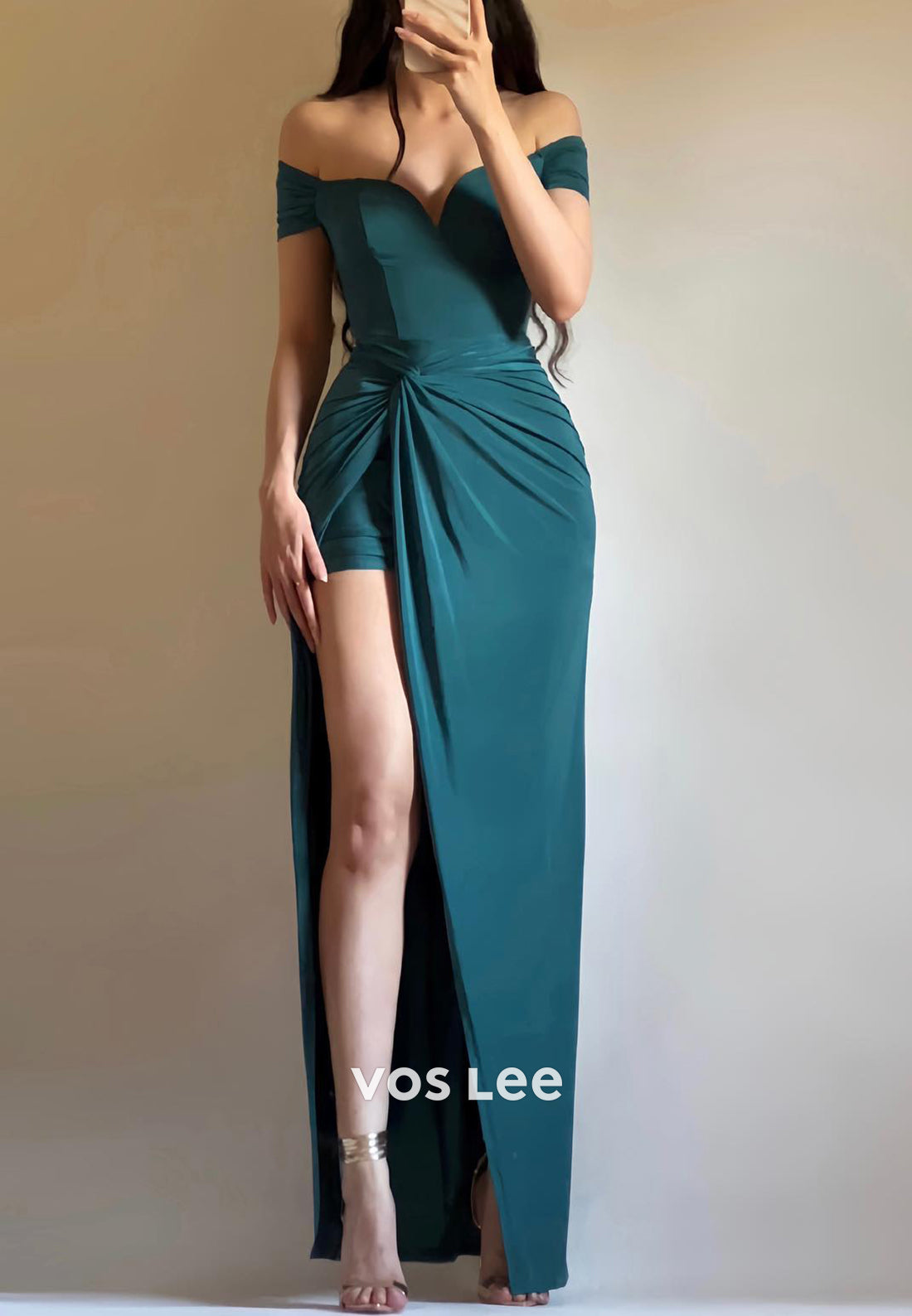 Off the Shoulder V Neck Ankle-Length Pleated Mermaid Evening Dresses with Split