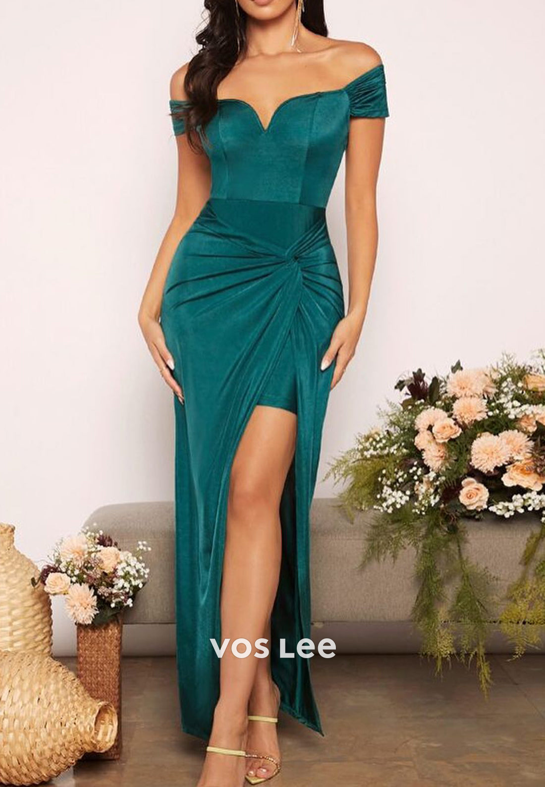 Off the Shoulder V Neck Ankle-Length Pleated Mermaid Evening Dresses with Split