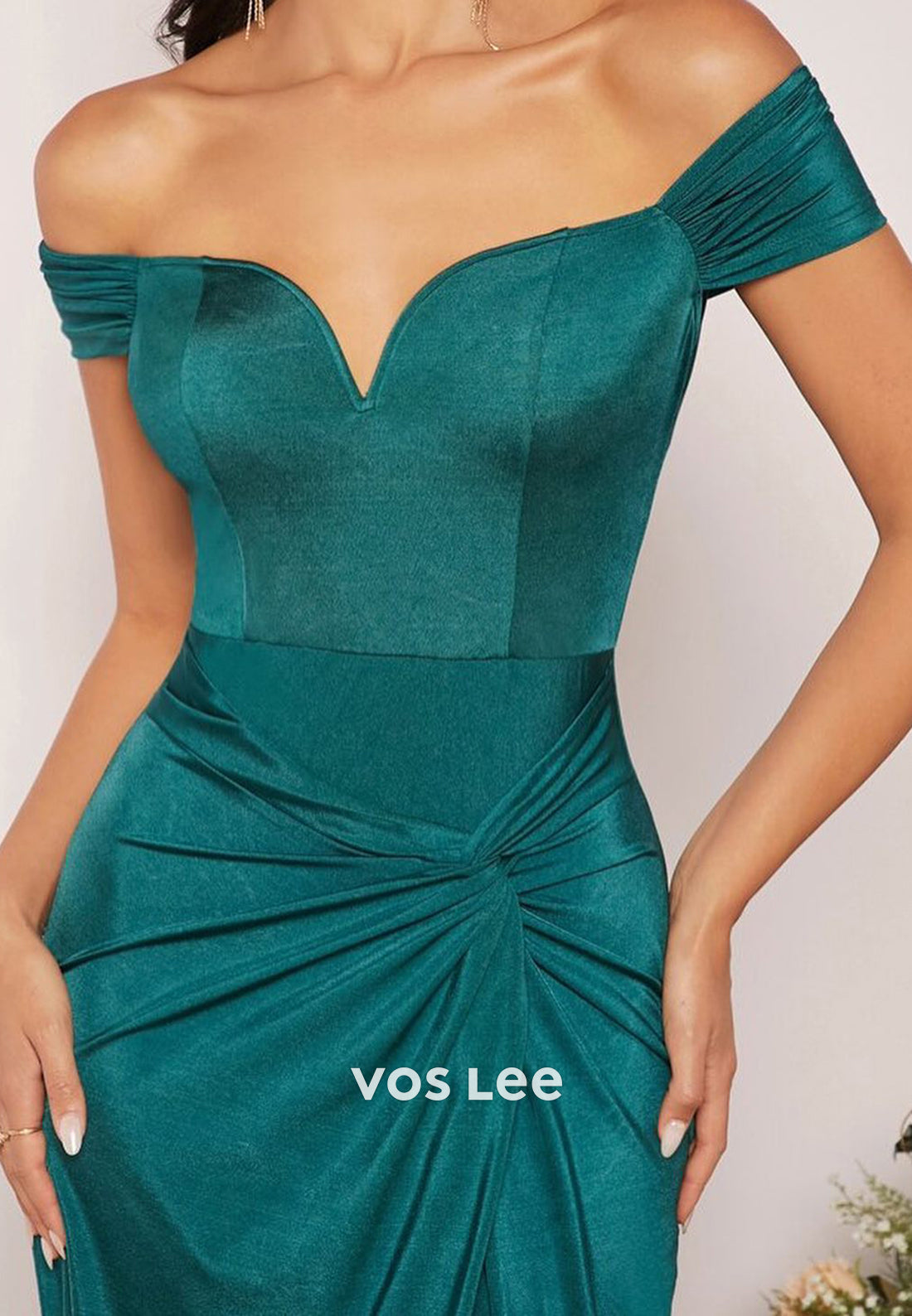 Off the Shoulder V Neck Ankle-Length Pleated Mermaid Evening Dresses with Split