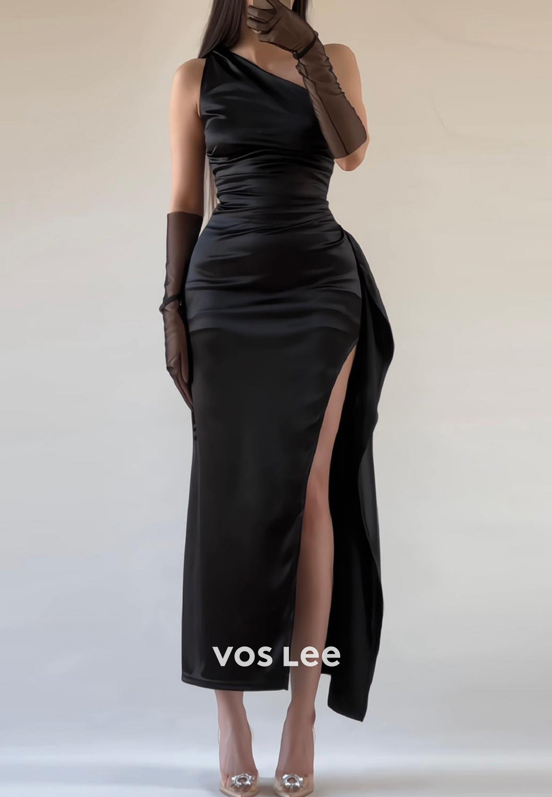Sexy&Sleek One Shoulder Pleated Tea-Length Mermaid Evening Dresses with High Split