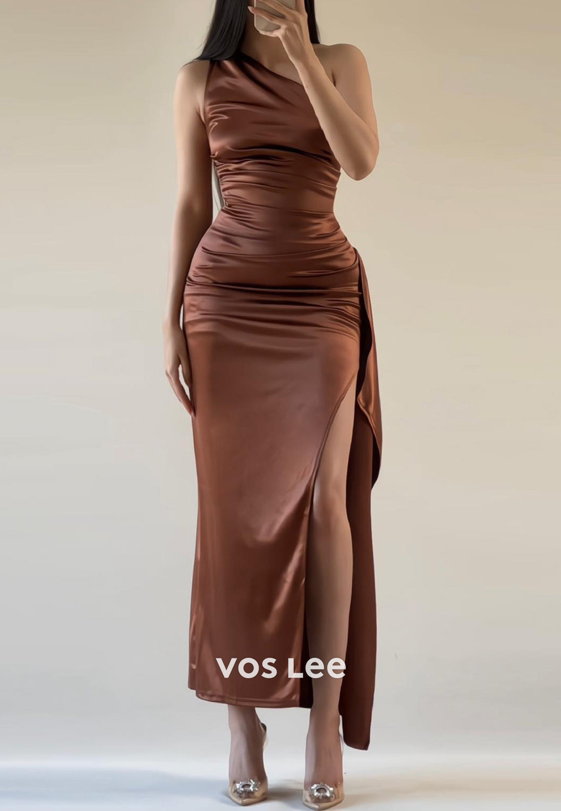 Sexy&Sleek One Shoulder Pleated Tea-Length Mermaid Evening Dresses with High Split