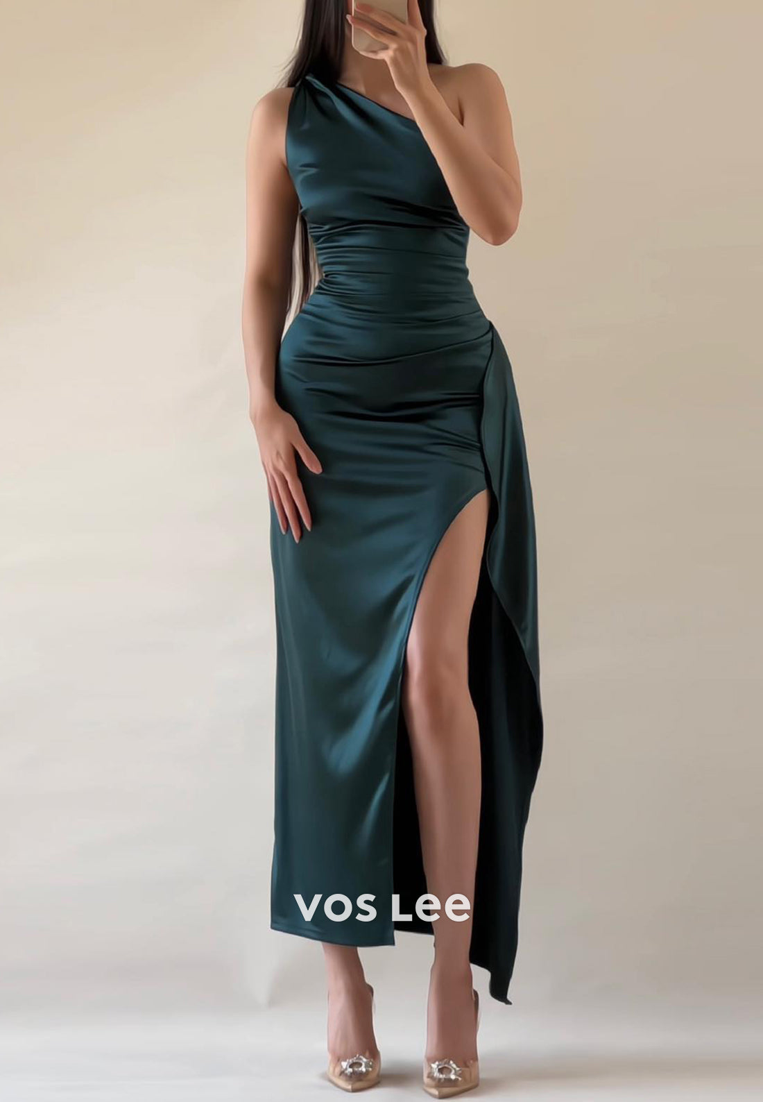 Sexy&Sleek One Shoulder Pleated Tea-Length Mermaid Evening Dresses with High Split