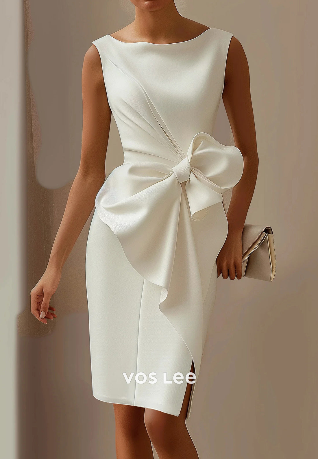 Classic & Timeless Pleated Bowknot Sheath Knee-Length Wedding Guest Dresses with Split
