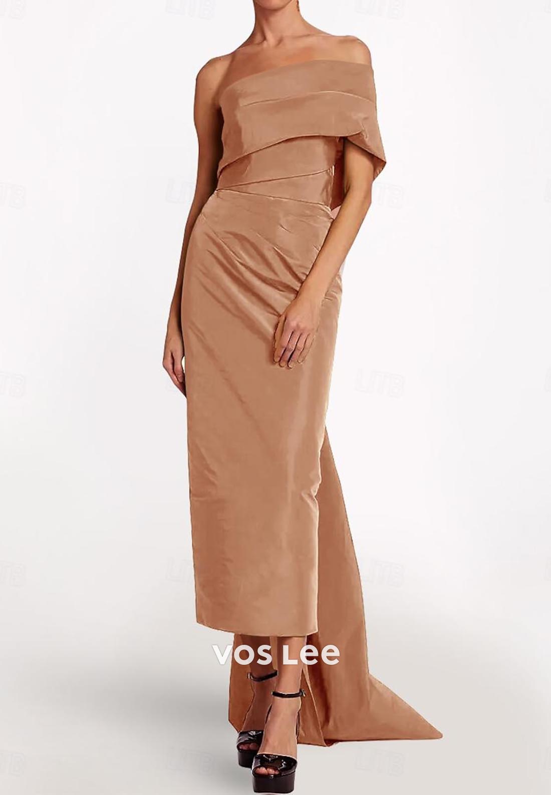 A-Line One Shoulder Pleated Long Evening Dress Formal Dress with Sweep Train