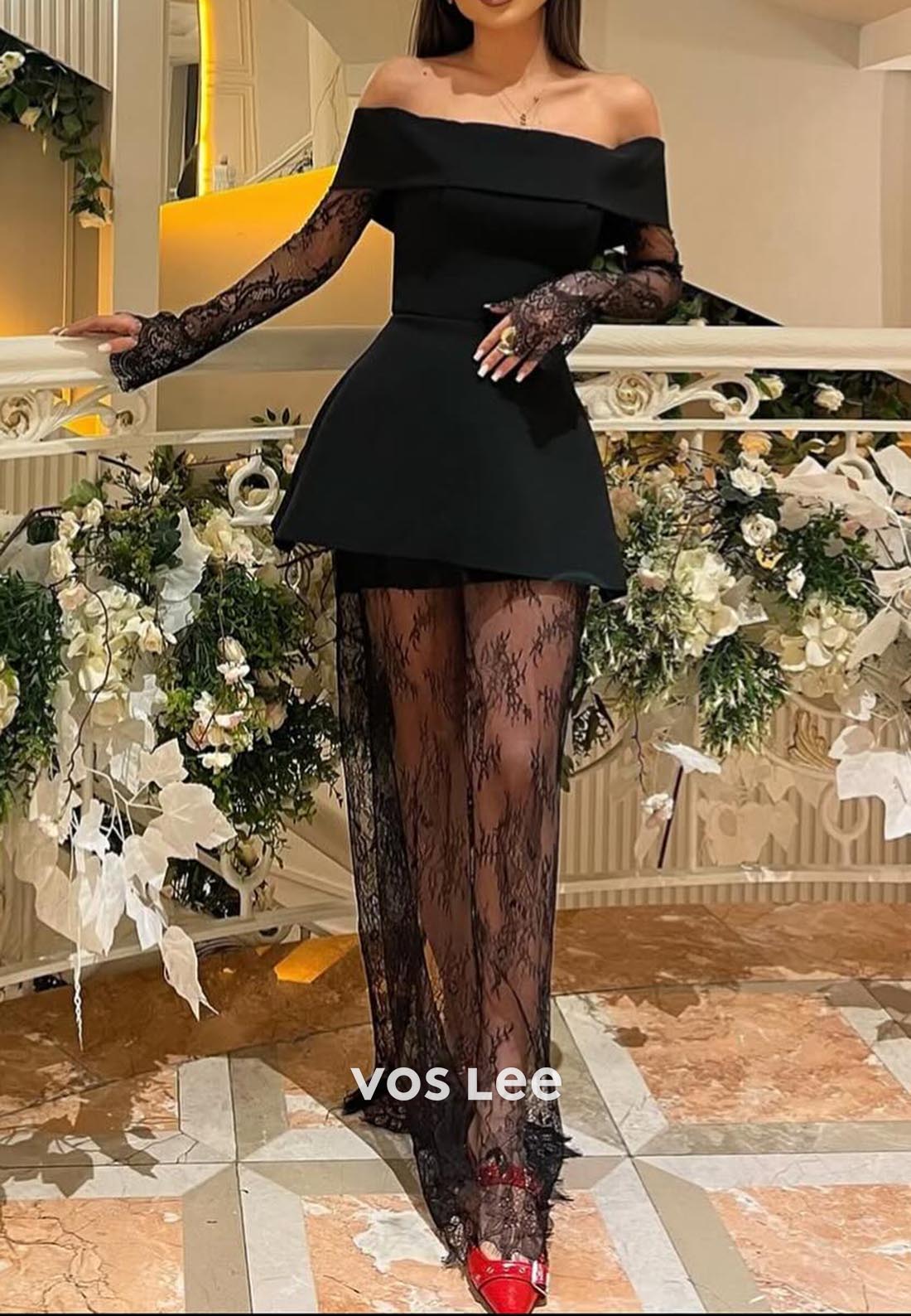A-Line Black Off Shoulder Long Sleeves Illusion Lace Formal Dresses