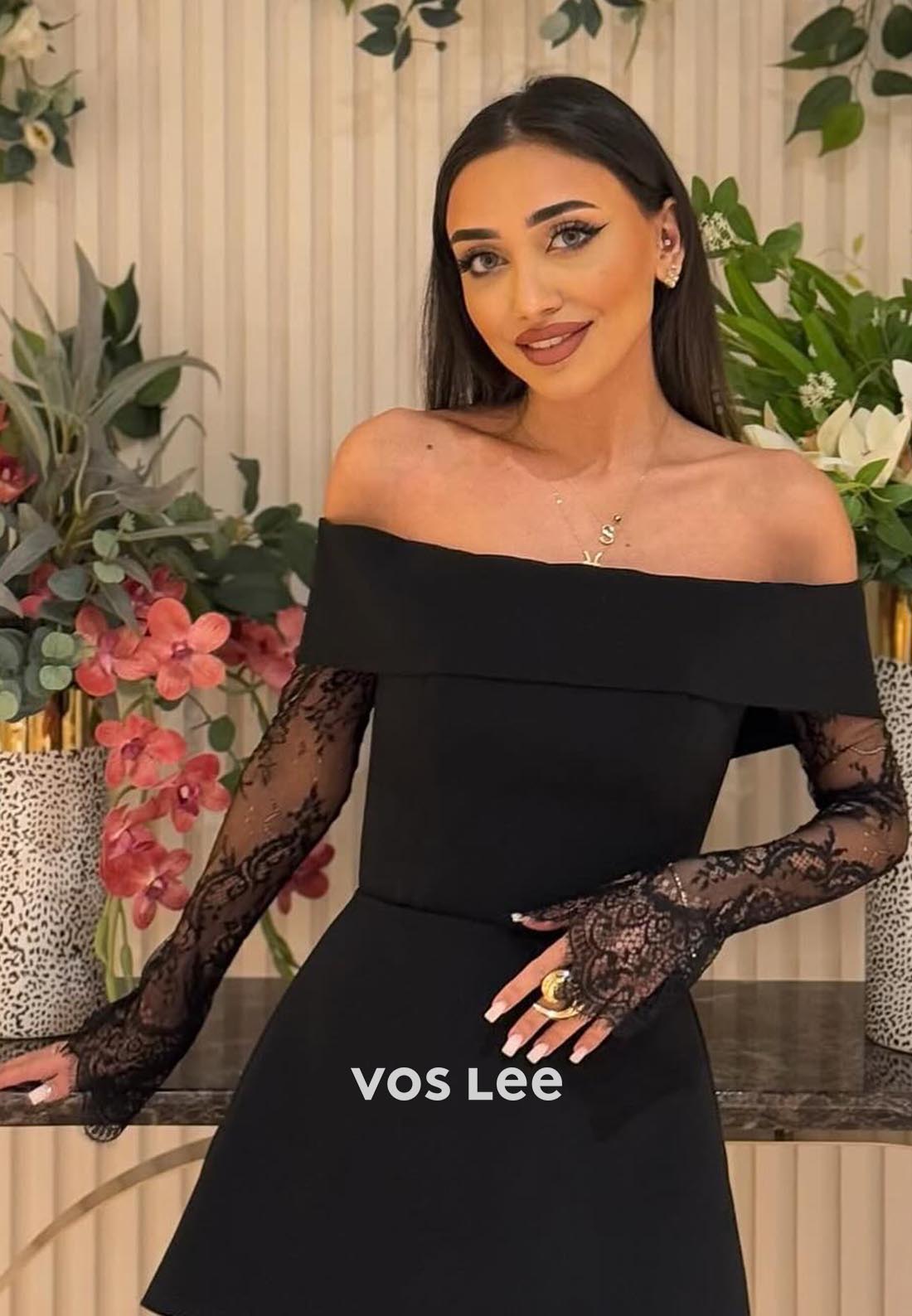 A-Line Black Off Shoulder Long Sleeves Illusion Lace Formal Dresses