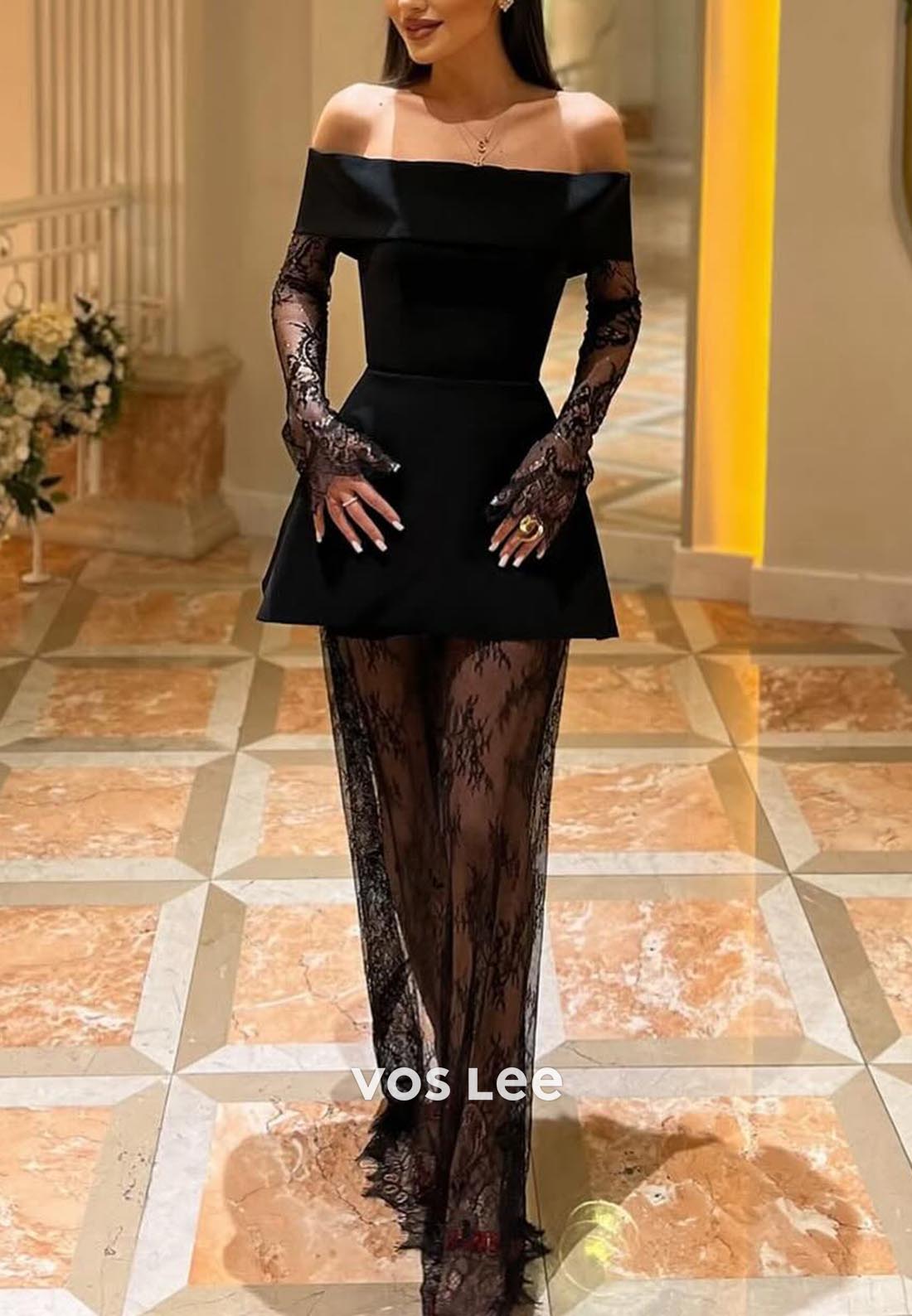 A-Line Black Off Shoulder Long Sleeves Illusion Lace Formal Dresses