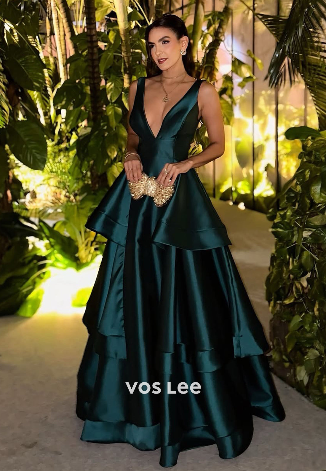 Dark Green V-Neck Tiered Women A-Line Satin Evening Dress Formal Party Gown