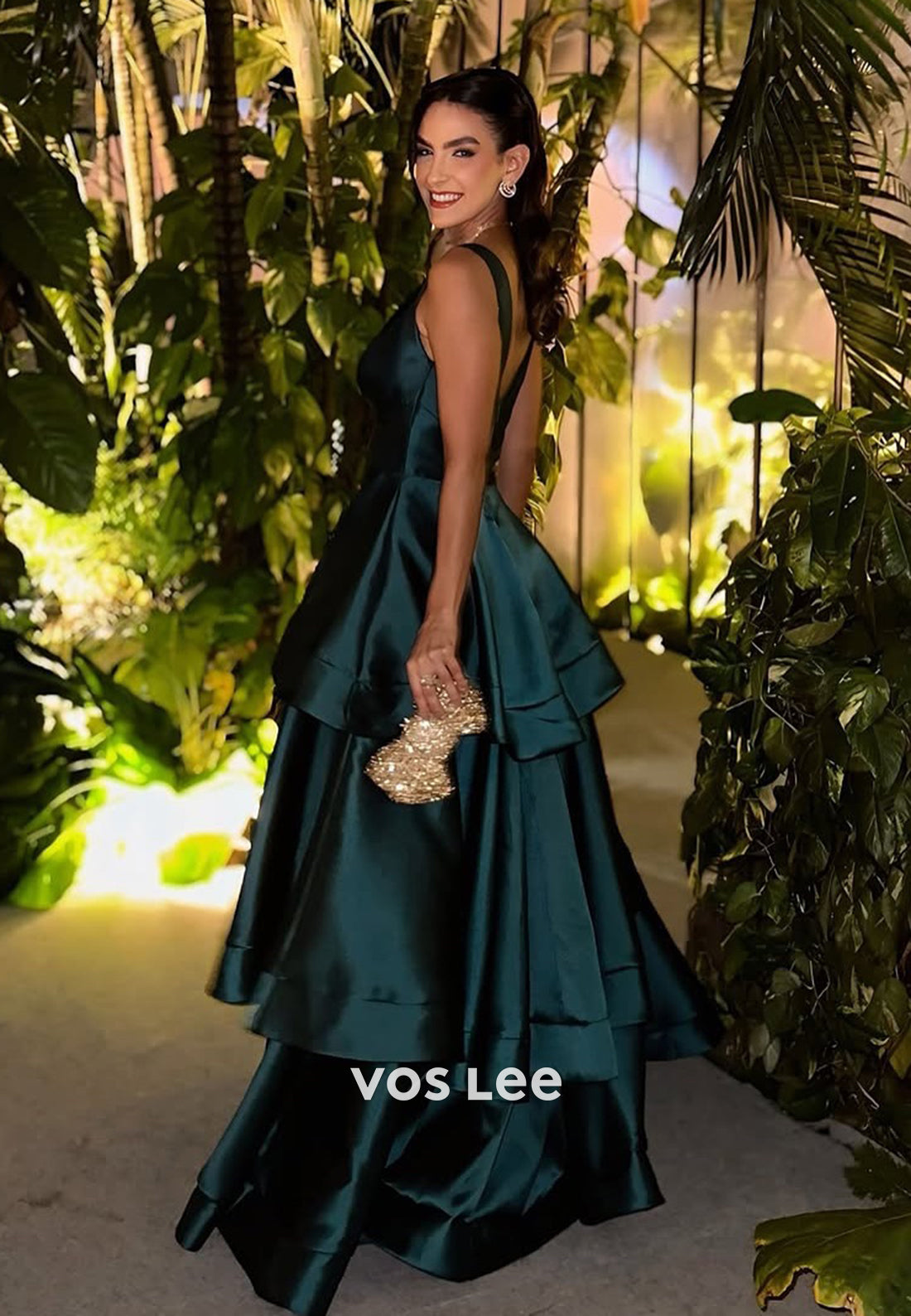Dark Green V-Neck Tiered Women A-Line Satin Evening Dress Formal Party Gown