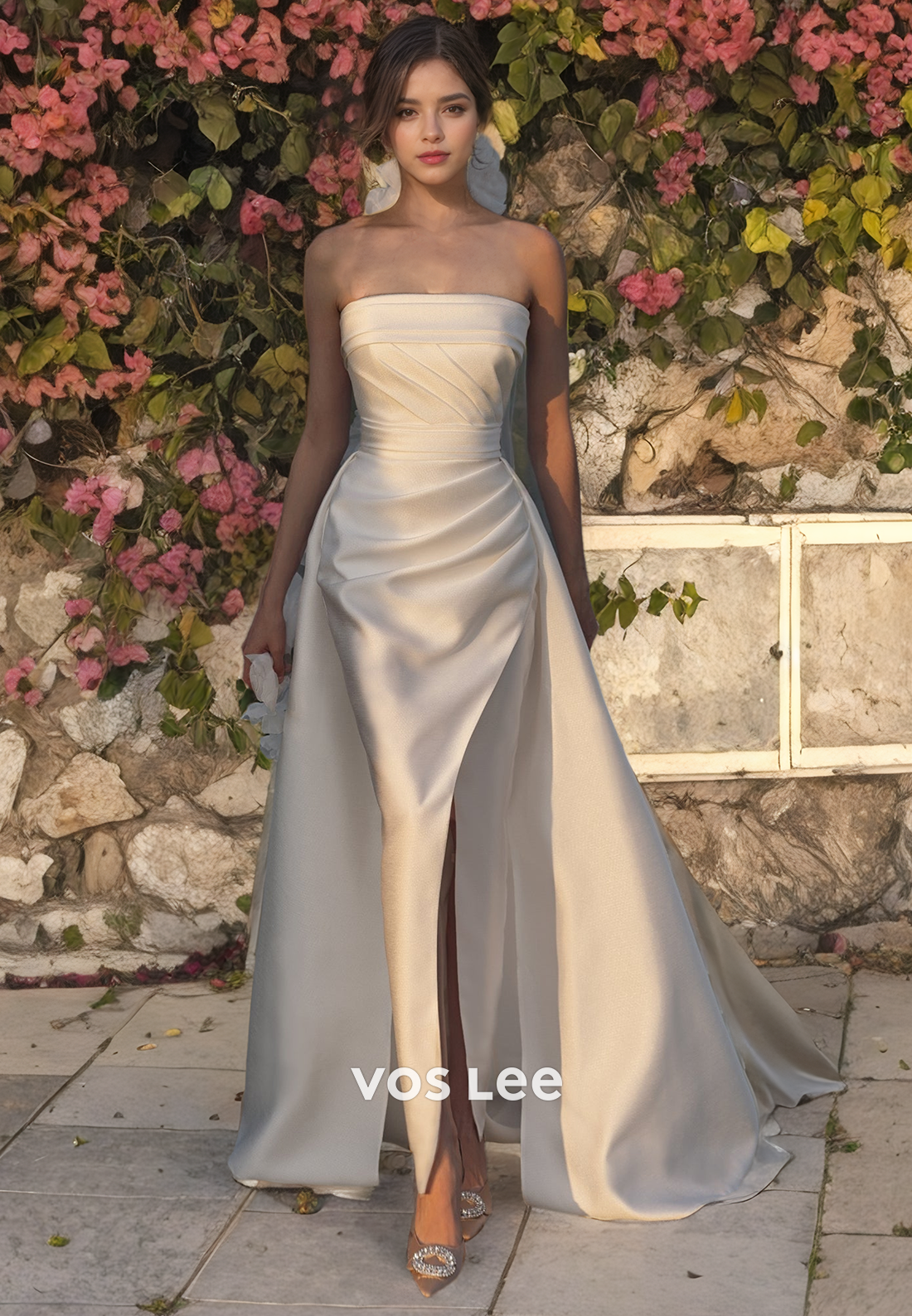 Princess Cathedral Train Square Pleated Satin Sheath/Column Strapless Wedding Dress