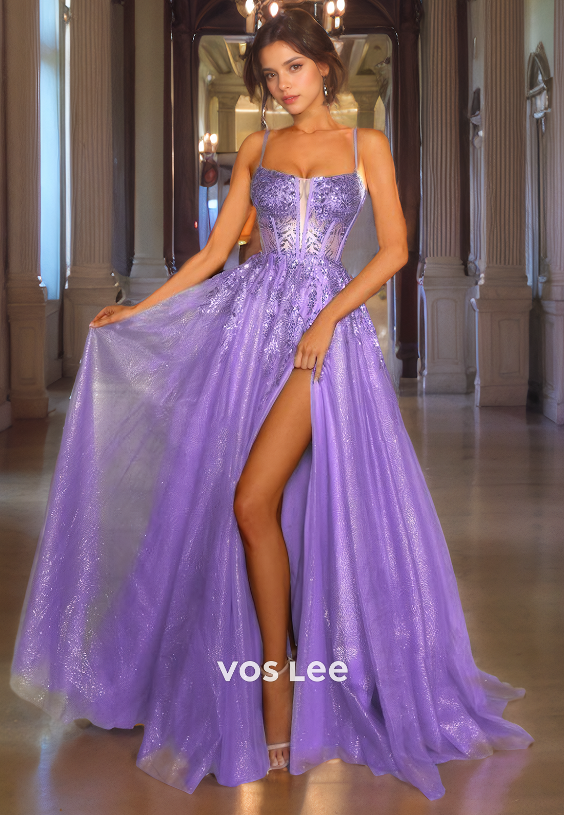 Fuchsia A-Line Sparkly Tulle Quinceanera Dresses Gitter Spaghetti Straps Evening Prom Gown