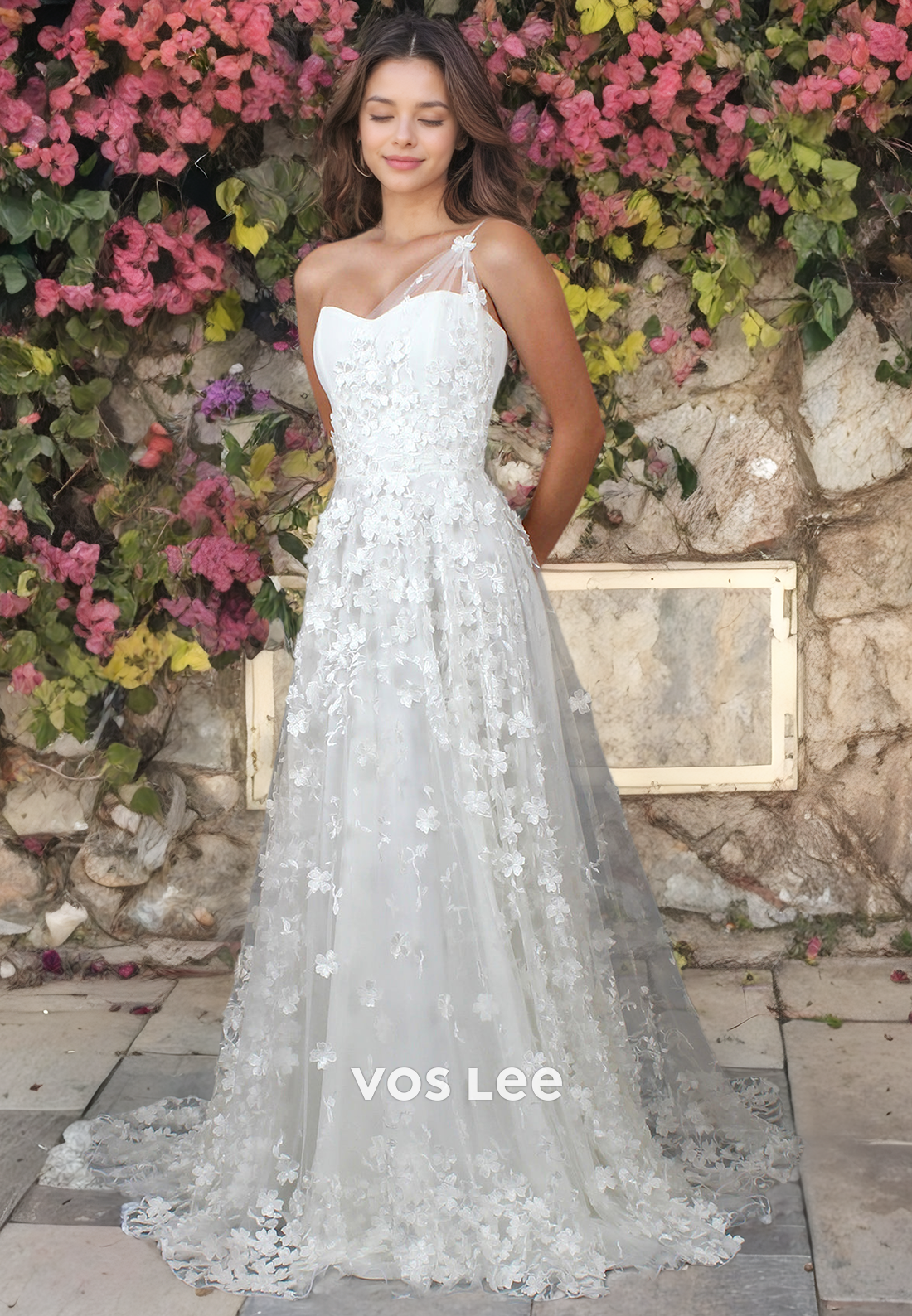 beach wedding dress one shoulder One Shoulder Hawaiian Wedding Dress: Tropical Floral Beach Gown