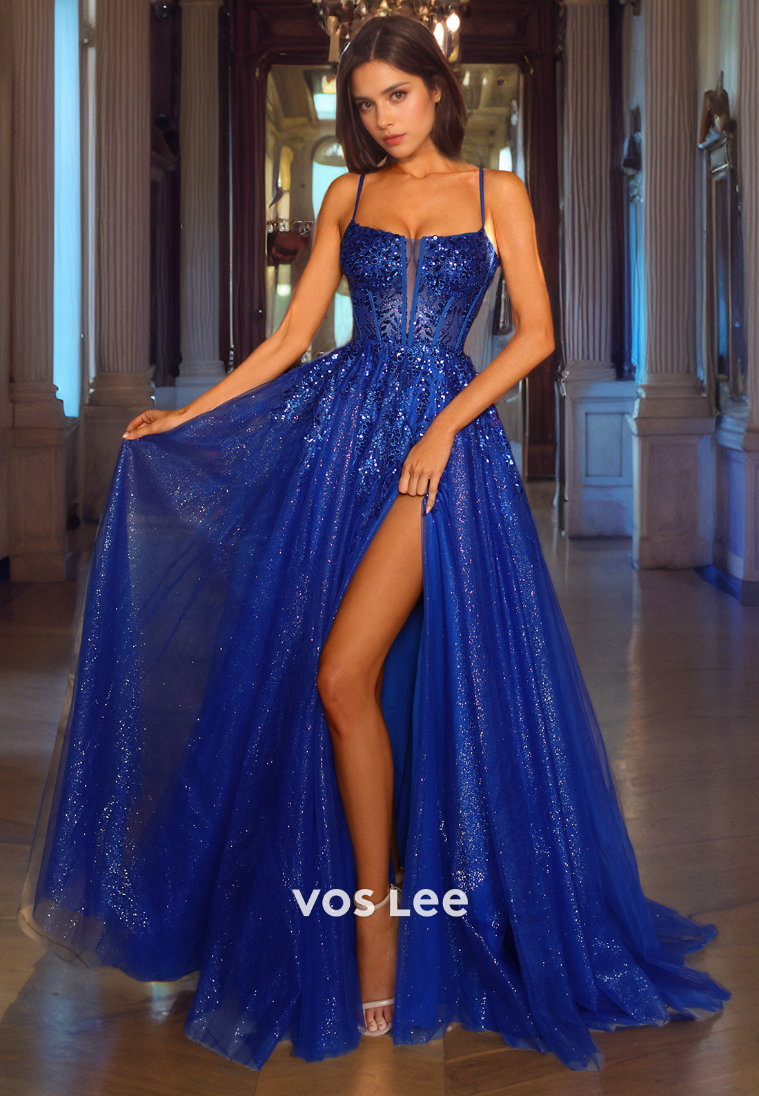 Fuchsia A-Line Sparkly Tulle Quinceanera Dresses Gitter Spaghetti Straps Evening Prom Gown