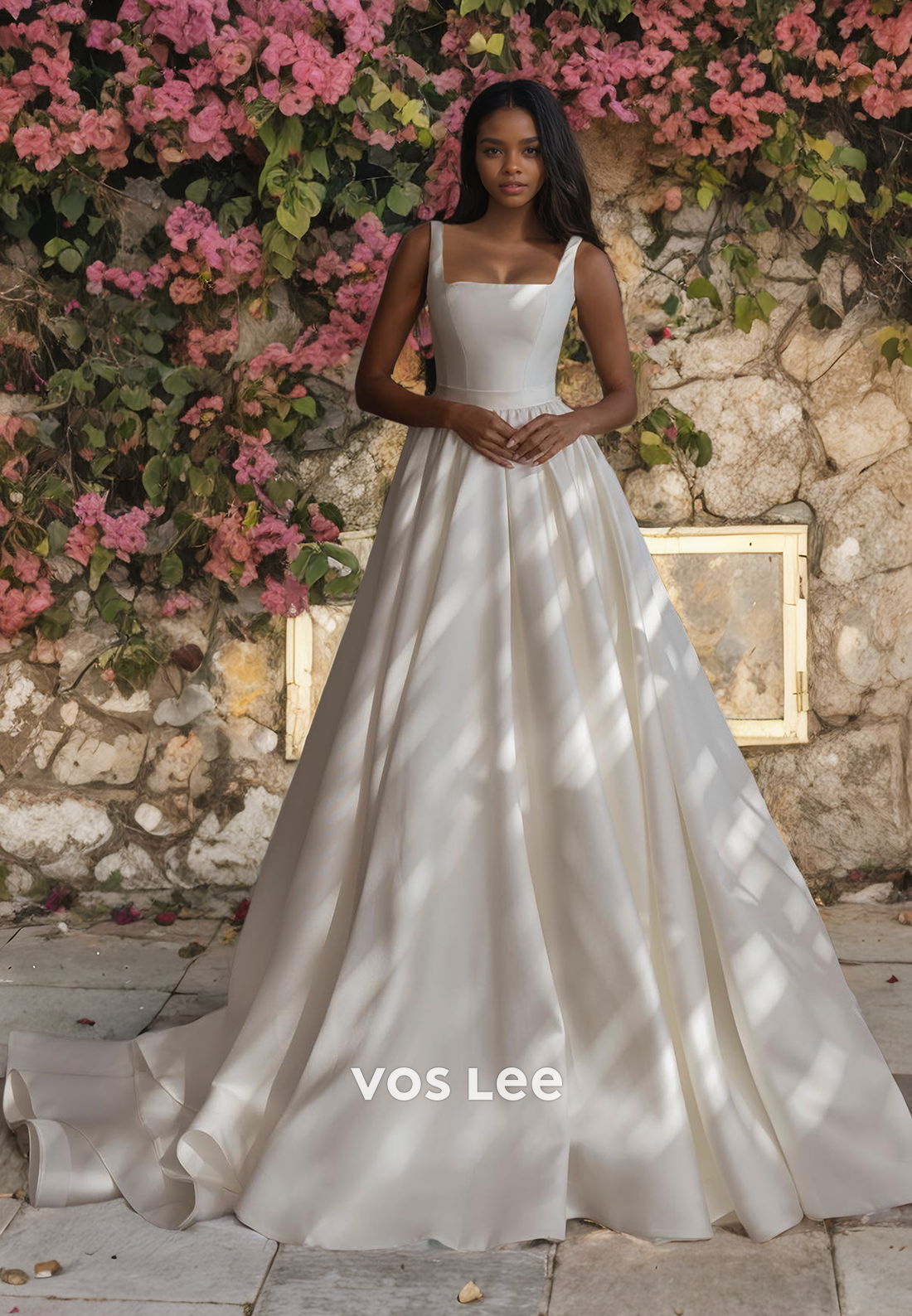 A-Line Pleated Satin Square Spaghetti Straps Sleeveless Wedding Dress with Bow