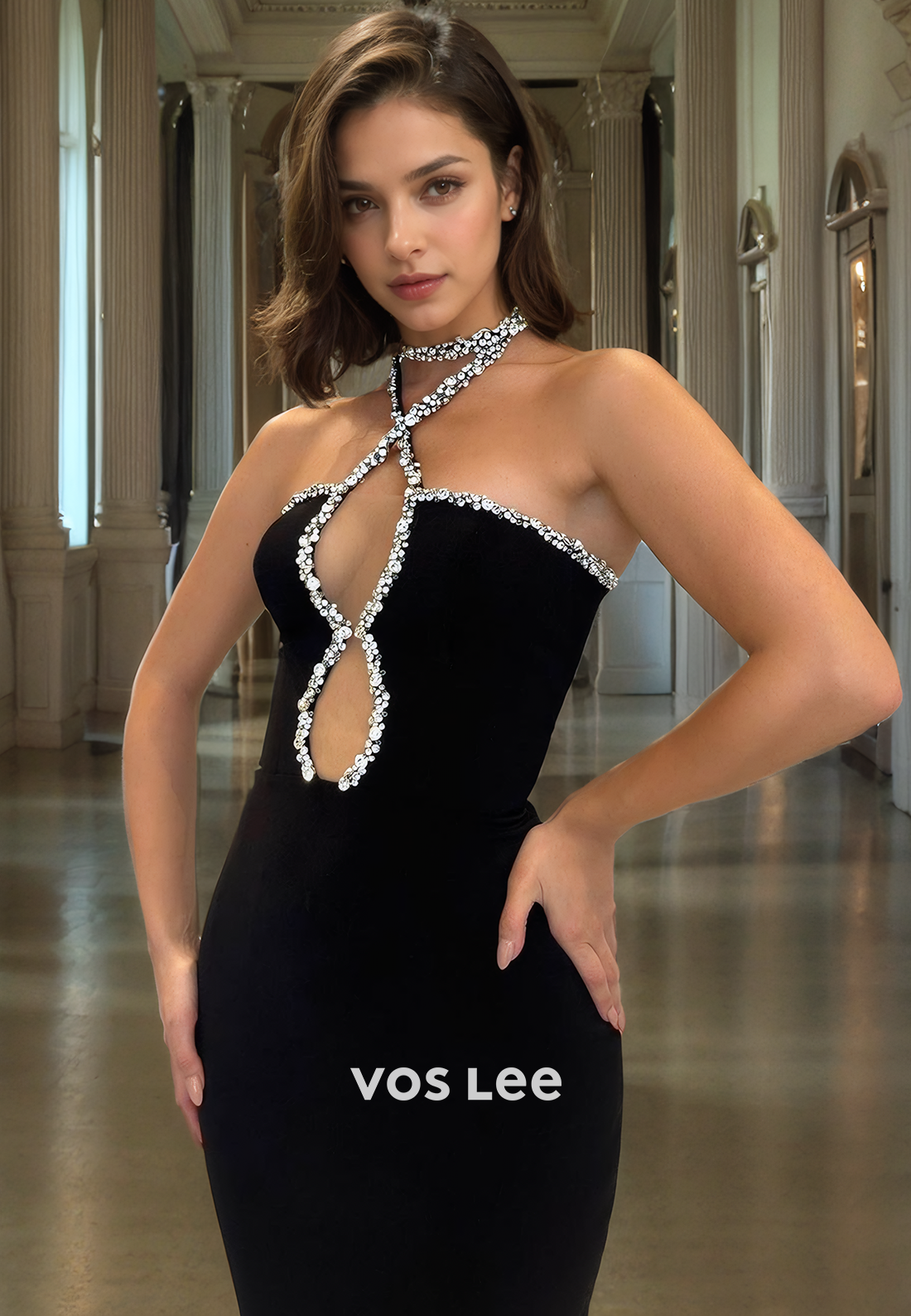Black Party Dress Elegant Sheath Halter Beaded Sashes Long Formal Prom Dress with Cutout