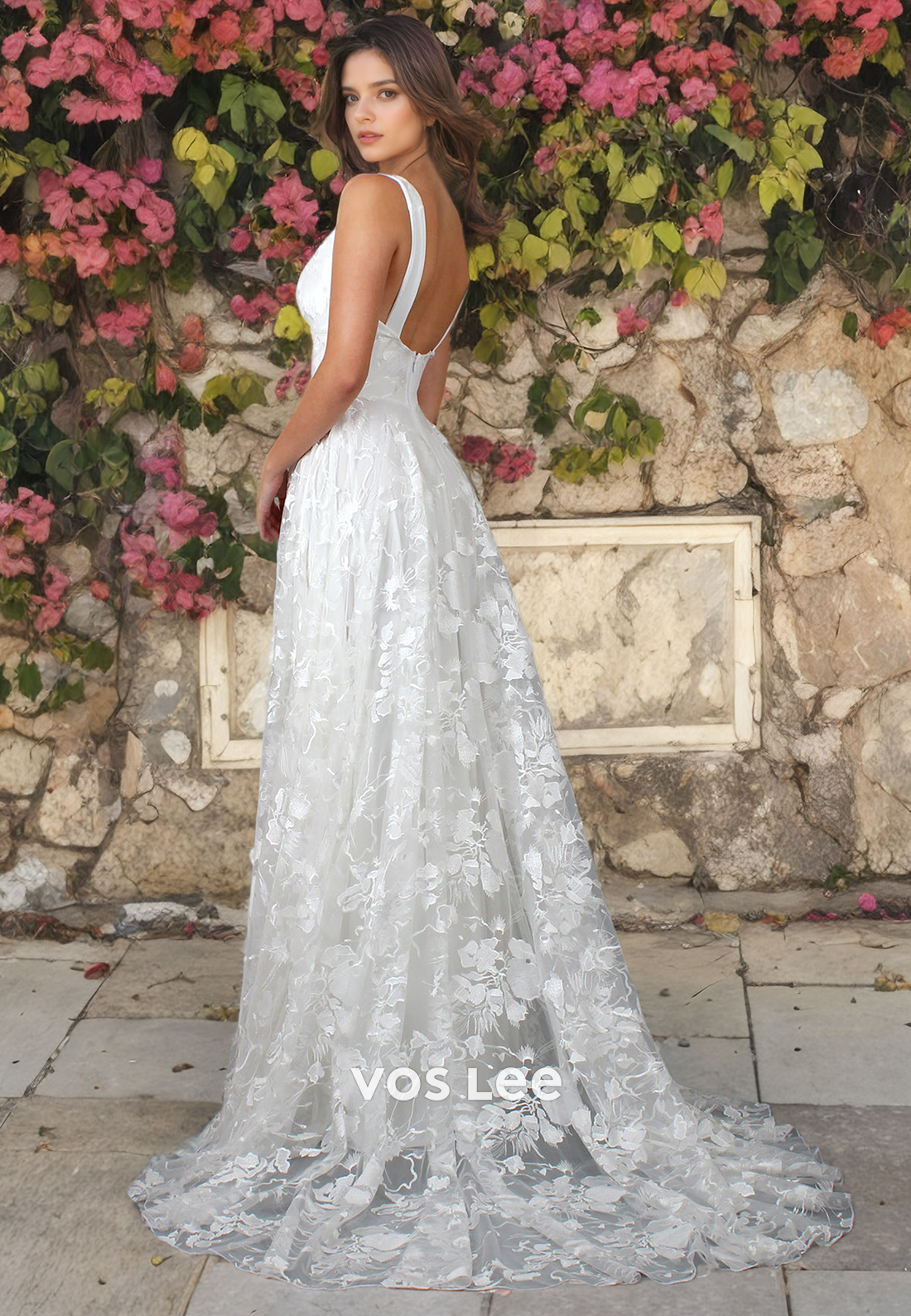 Boho A-Line V-Neck Pleated Tulle Applique Wedding Dress with Slit and Chapel Train
