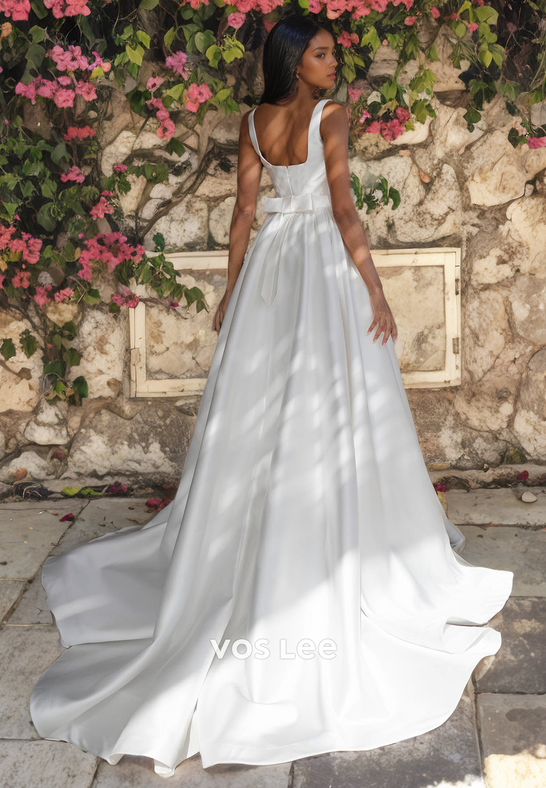 A-Line Pleated Satin Square Spaghetti Straps Sleeveless Wedding Dress with Bow