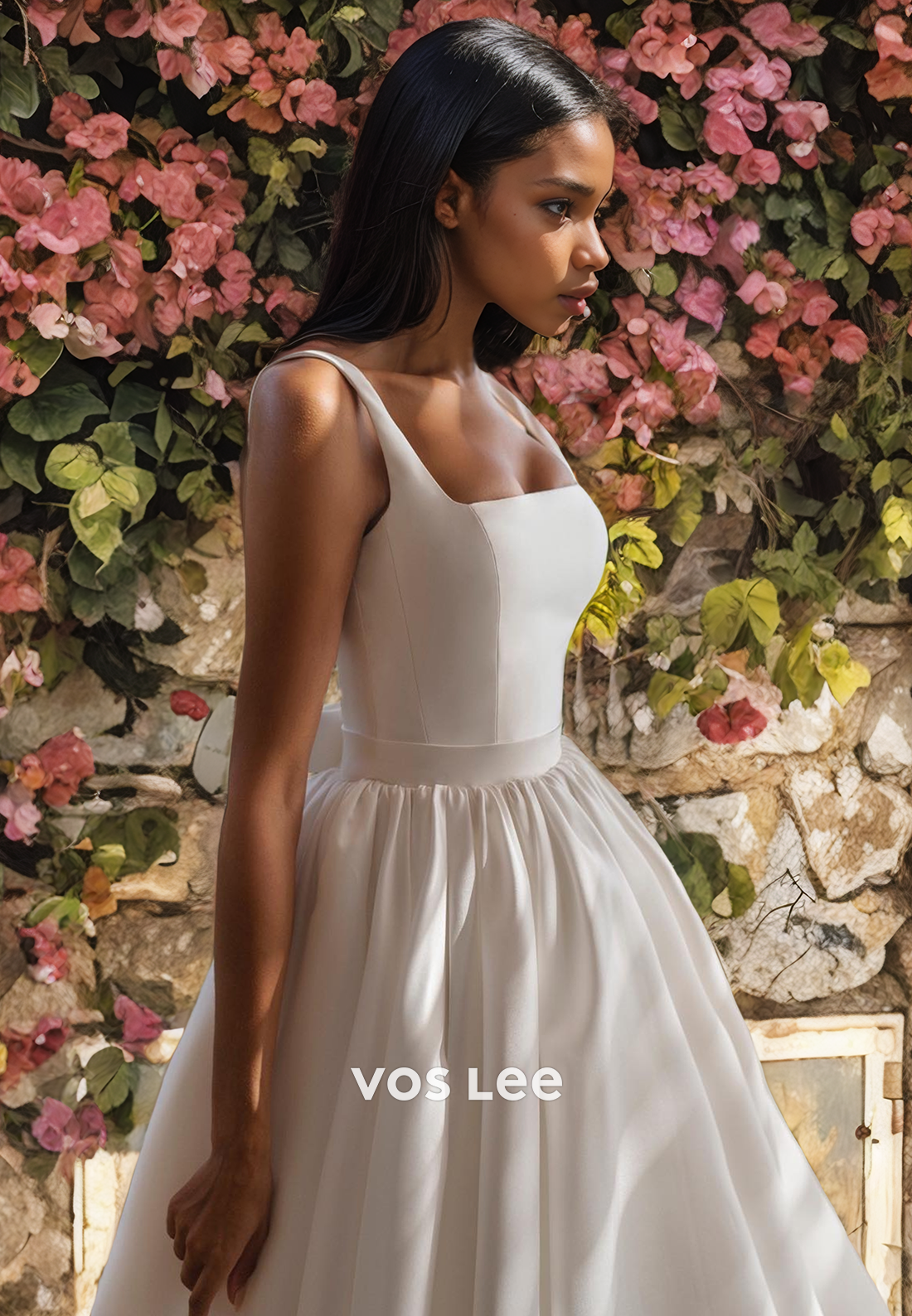 A-Line Pleated Satin Square Spaghetti Straps Sleeveless Wedding Dress with Bow