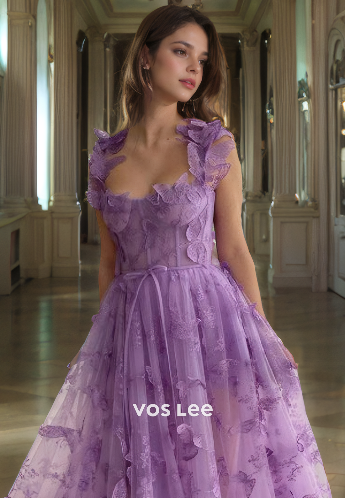 A-Line Sweetheart Spaghetti Straps Sweep Train Tulle Prom Dress with Lace Appliques