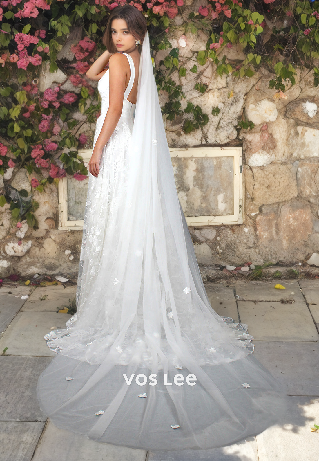 Boho A-Line V-Neck Pleated Tulle Applique Wedding Dress with Slit and Chapel Train