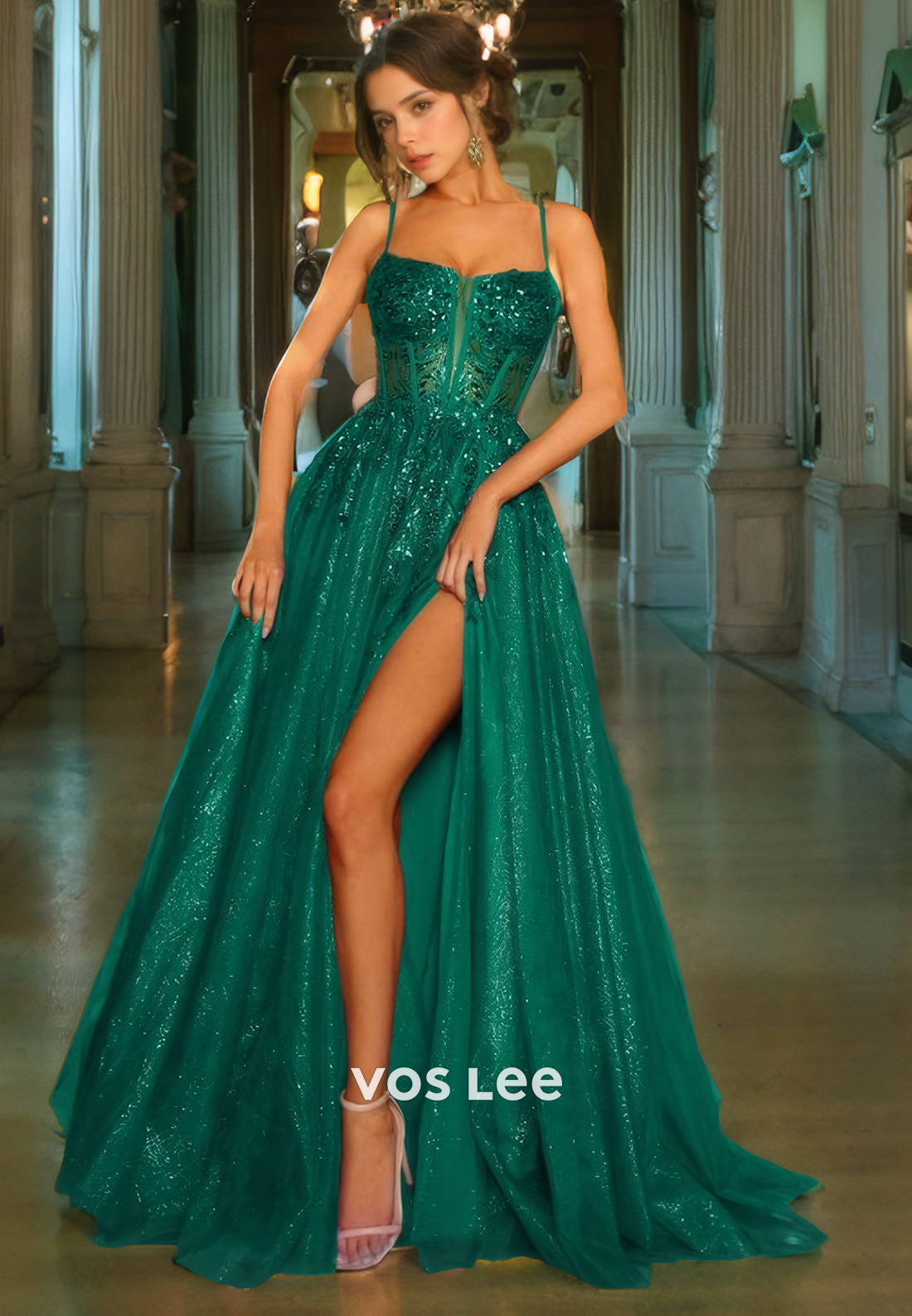 Fuchsia A-Line Sparkly Tulle Quinceanera Dresses Gitter Spaghetti Straps Evening Prom Gown