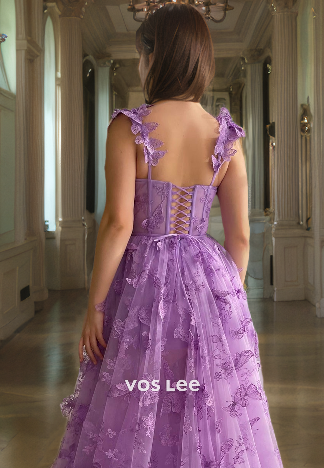 A-Line Sweetheart Spaghetti Straps Sweep Train Tulle Prom Dress with Lace Appliques