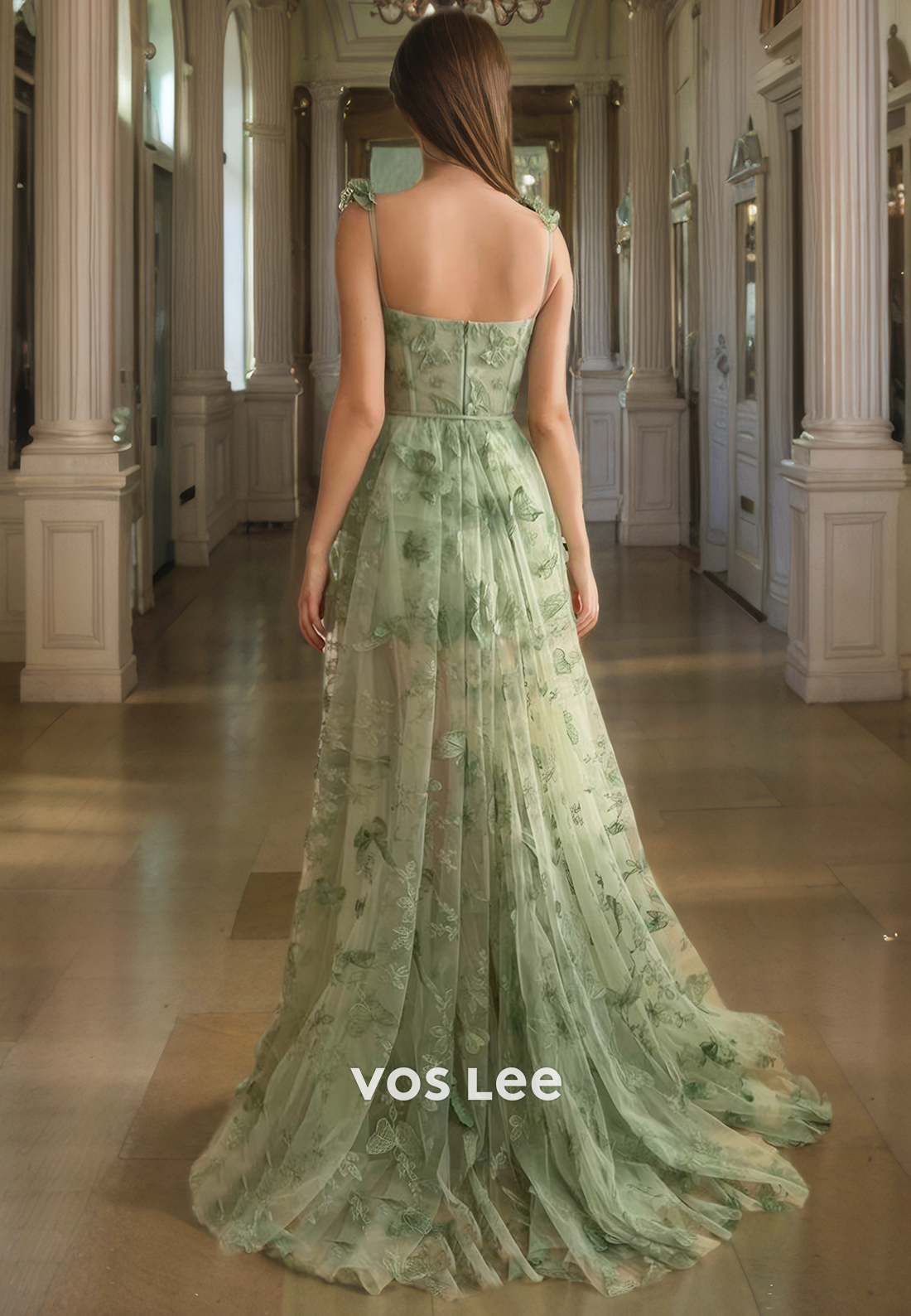 A-Line Sweetheart Spaghetti Straps Sweep Train Tulle Prom Dress with Lace Appliques