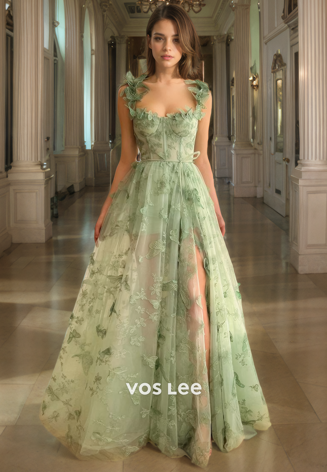 A-Line Sweetheart Spaghetti Straps Sweep Train Tulle Prom Dress with Lace Appliques
