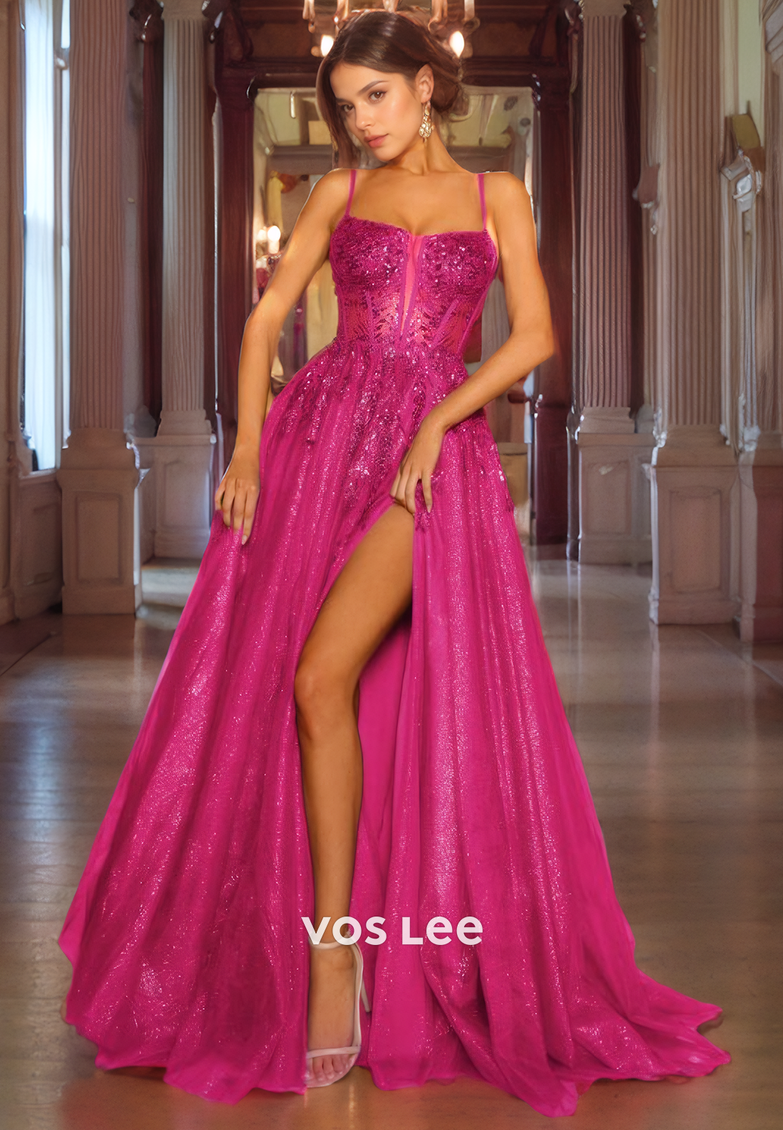 Fuchsia A-Line Sparkly Tulle Quinceanera Dresses Gitter Spaghetti Straps Evening Prom Gown
