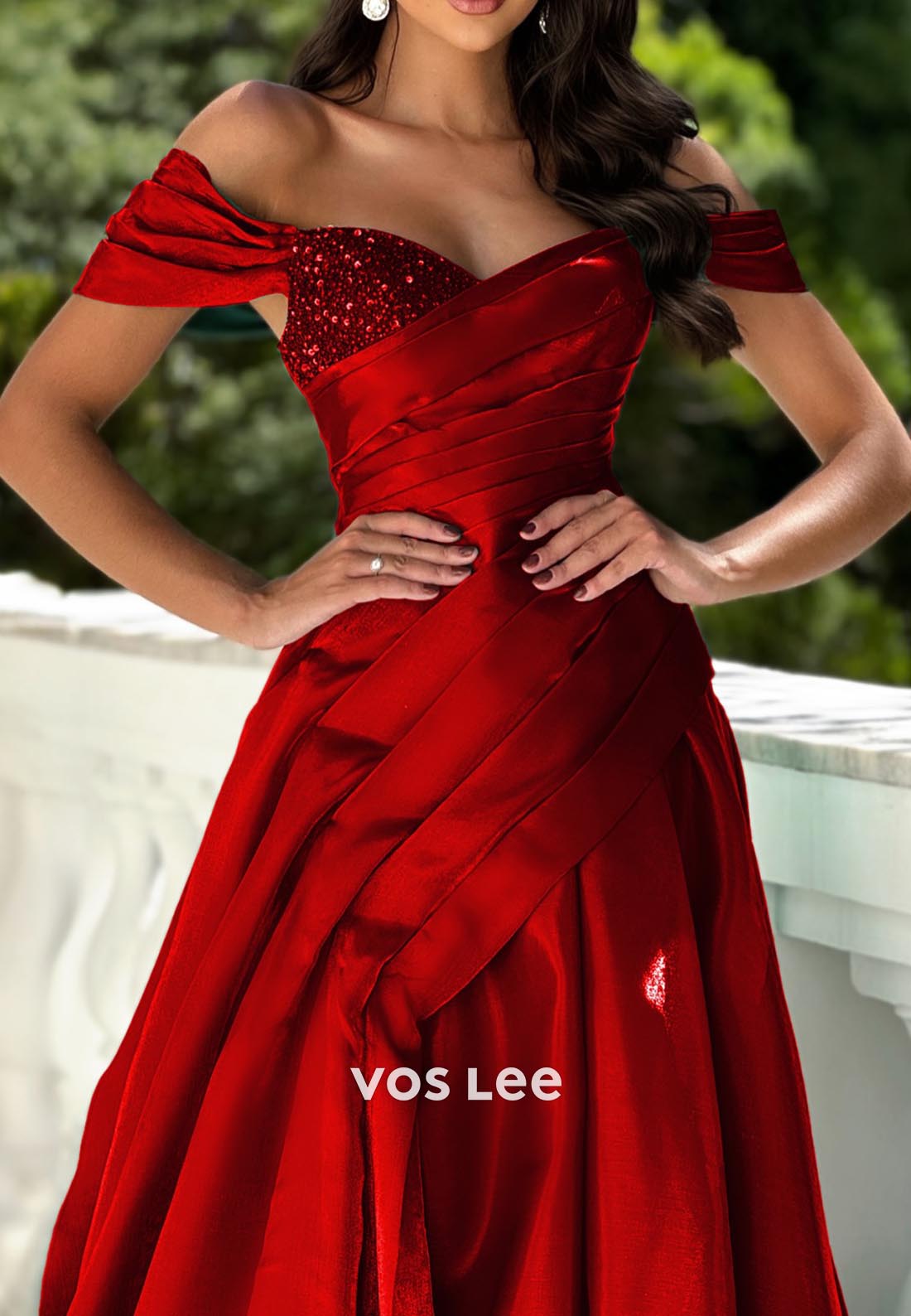 Classic & Timeless Off-Shoulder Rhinestone Pleated Prom Dresses with Court Train