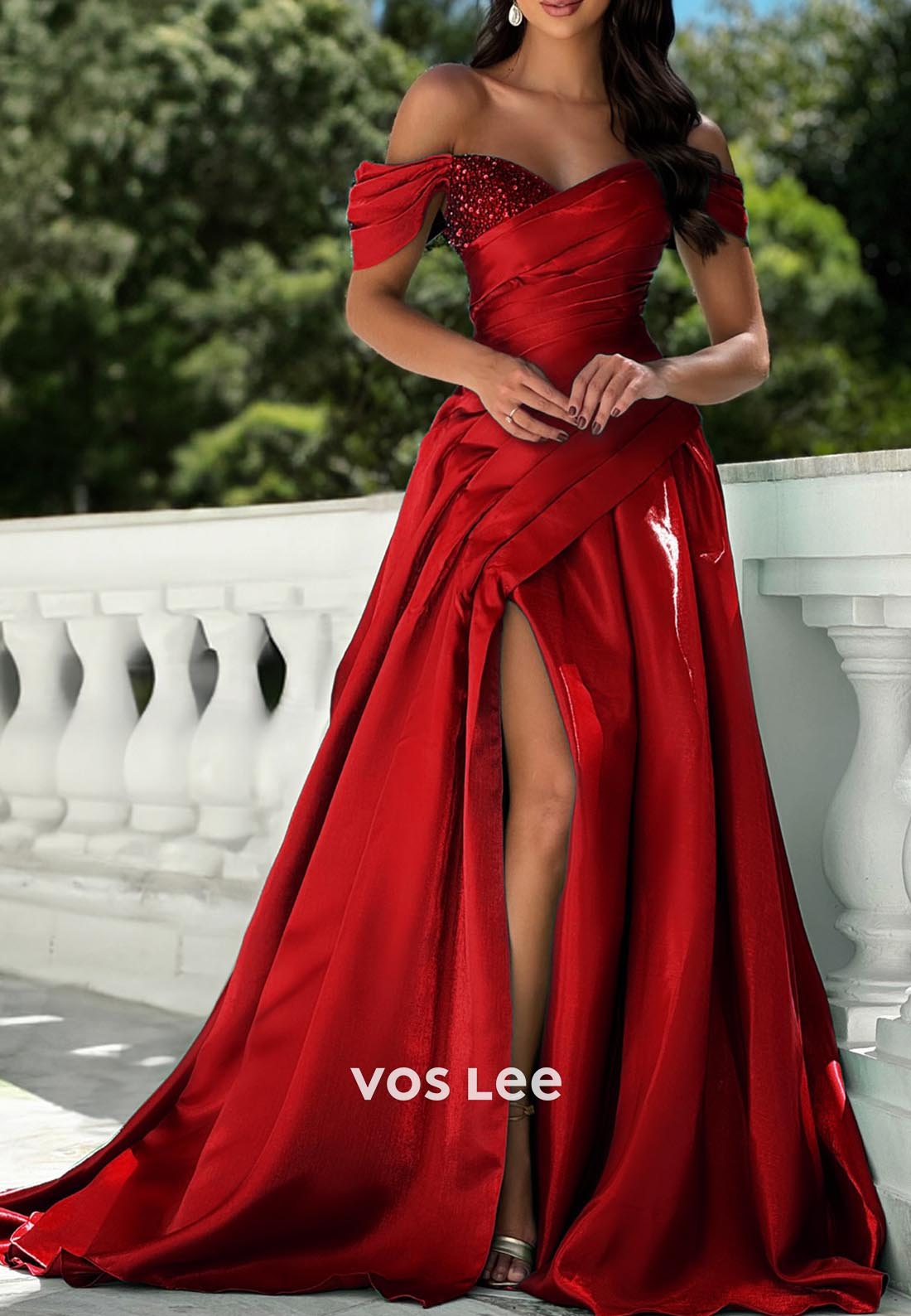Classic & Timeless Off-Shoulder Rhinestone Pleated Prom Dresses with Court Train