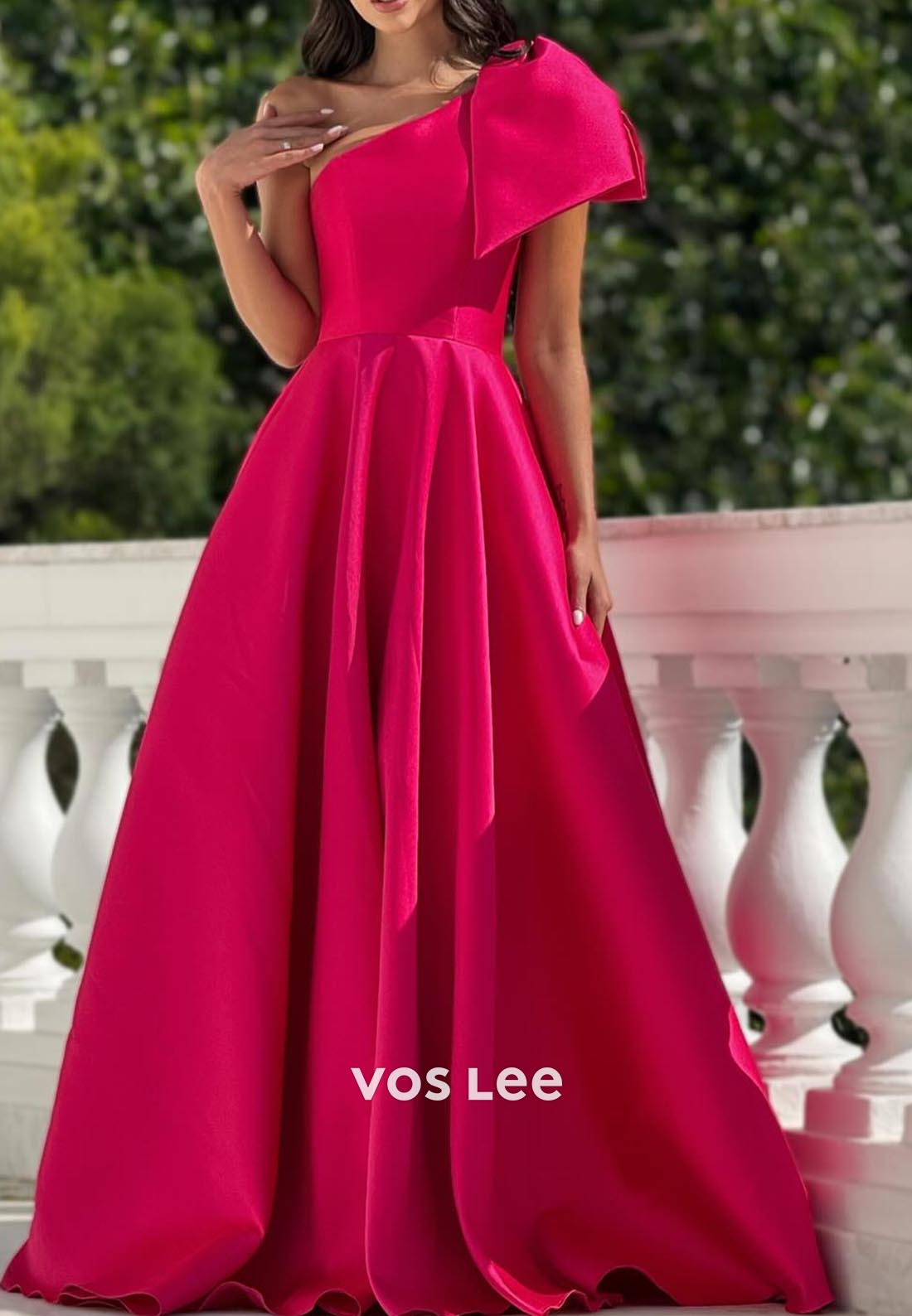 A-Line One Shoulder Bows Ruched Evening Prom Dresses with Brush Train