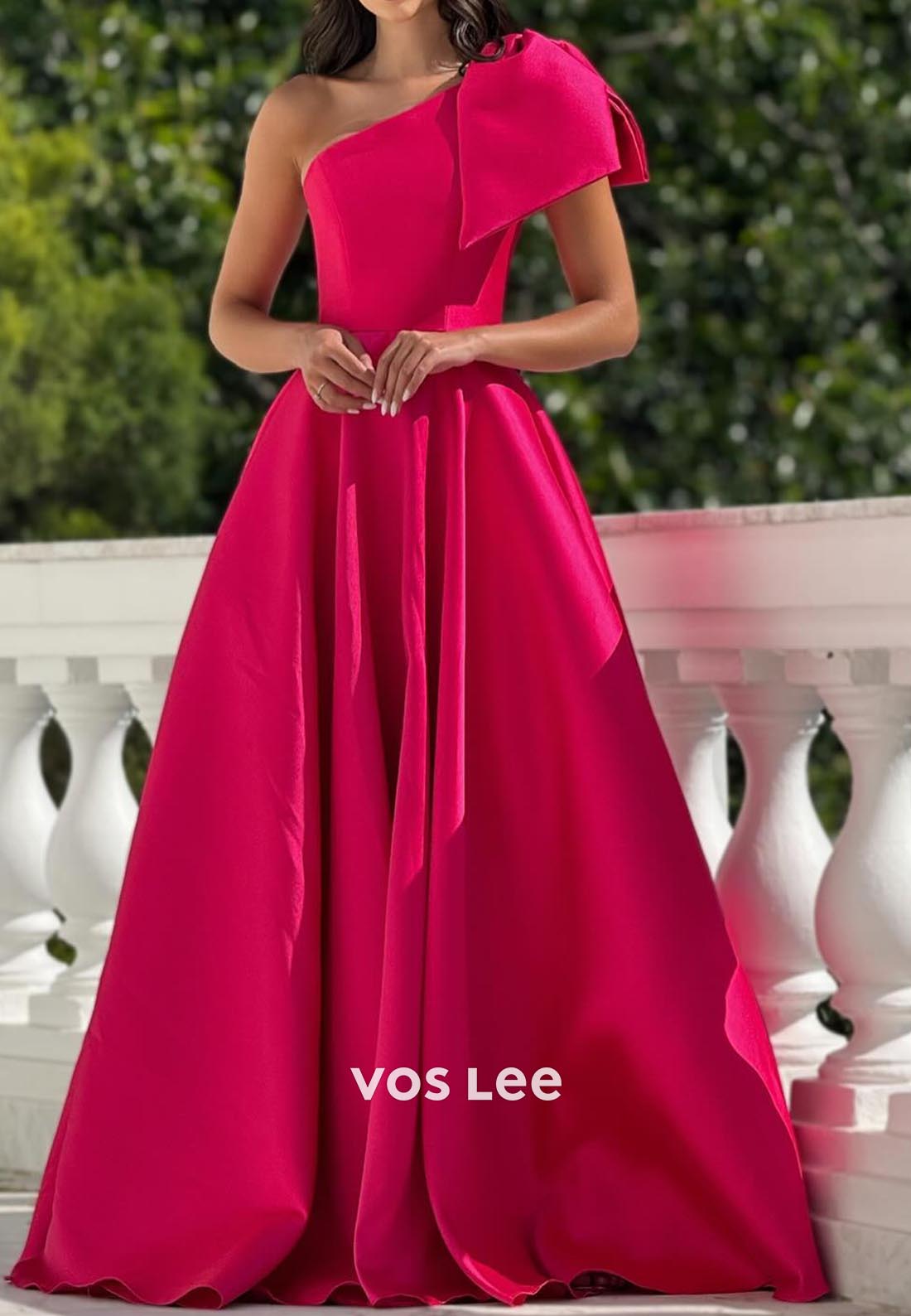 A-Line One Shoulder Bows Ruched Evening Prom Dresses with Brush Train