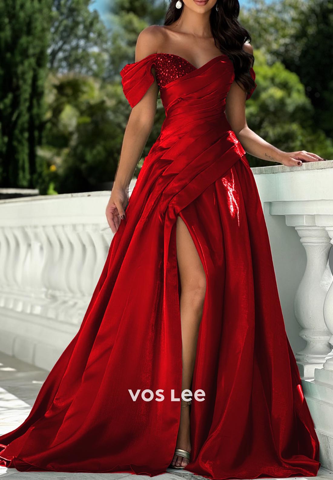 Classic & Timeless Off-Shoulder Rhinestone Pleated Prom Dresses with Court Train