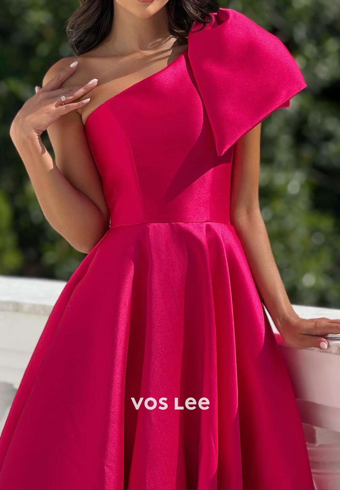A-Line One Shoulder Bows Ruched Evening Prom Dresses with Brush Train