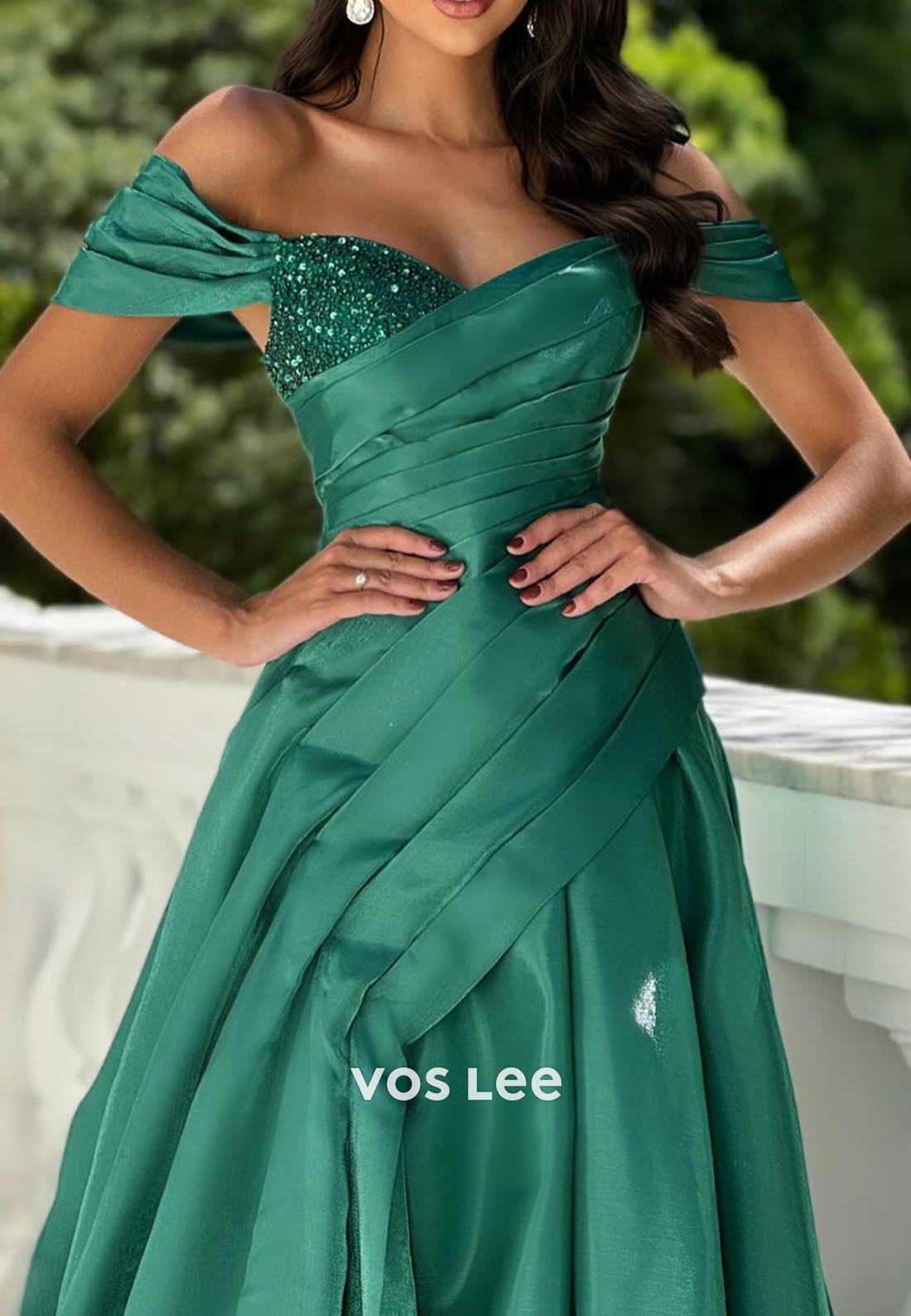 Classic & Timeless Off-Shoulder Rhinestone Pleated Prom Dresses with Court Train
