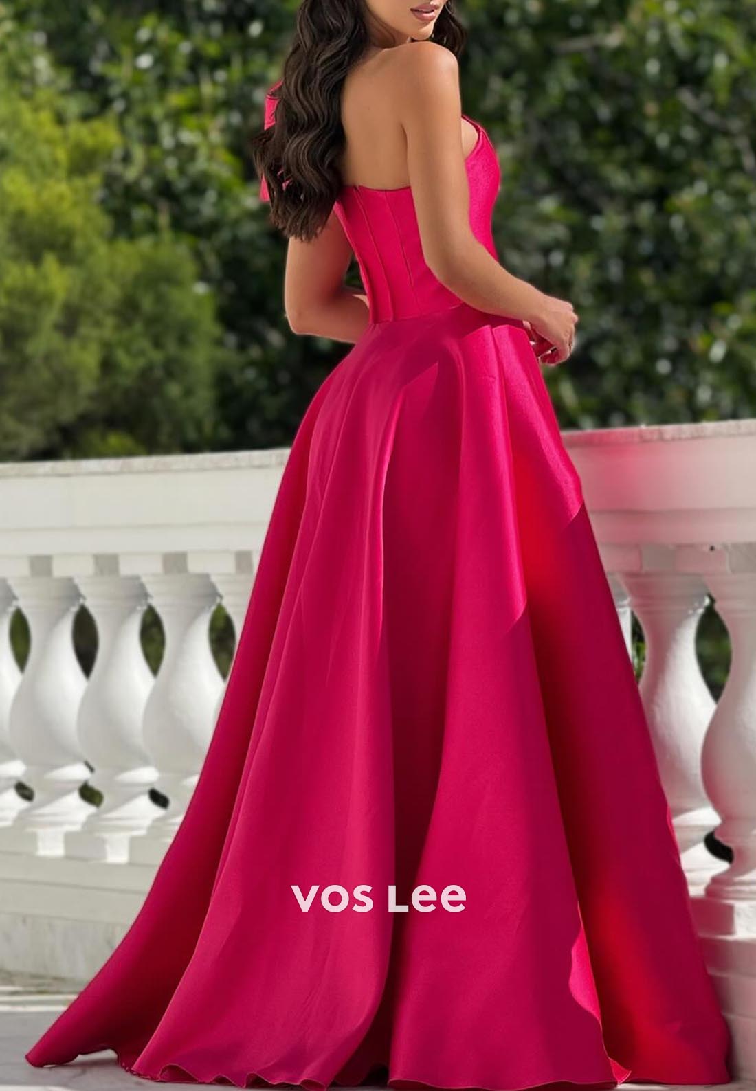 A-Line One Shoulder Bows Ruched Evening Prom Dresses with Brush Train