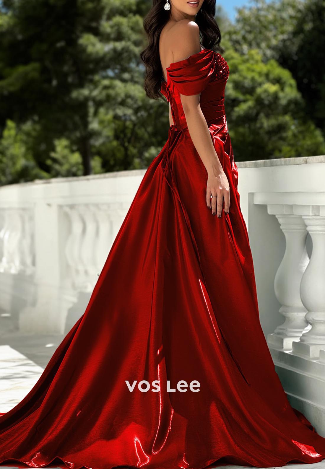 Classic & Timeless Off-Shoulder Rhinestone Pleated Prom Dresses with Court Train