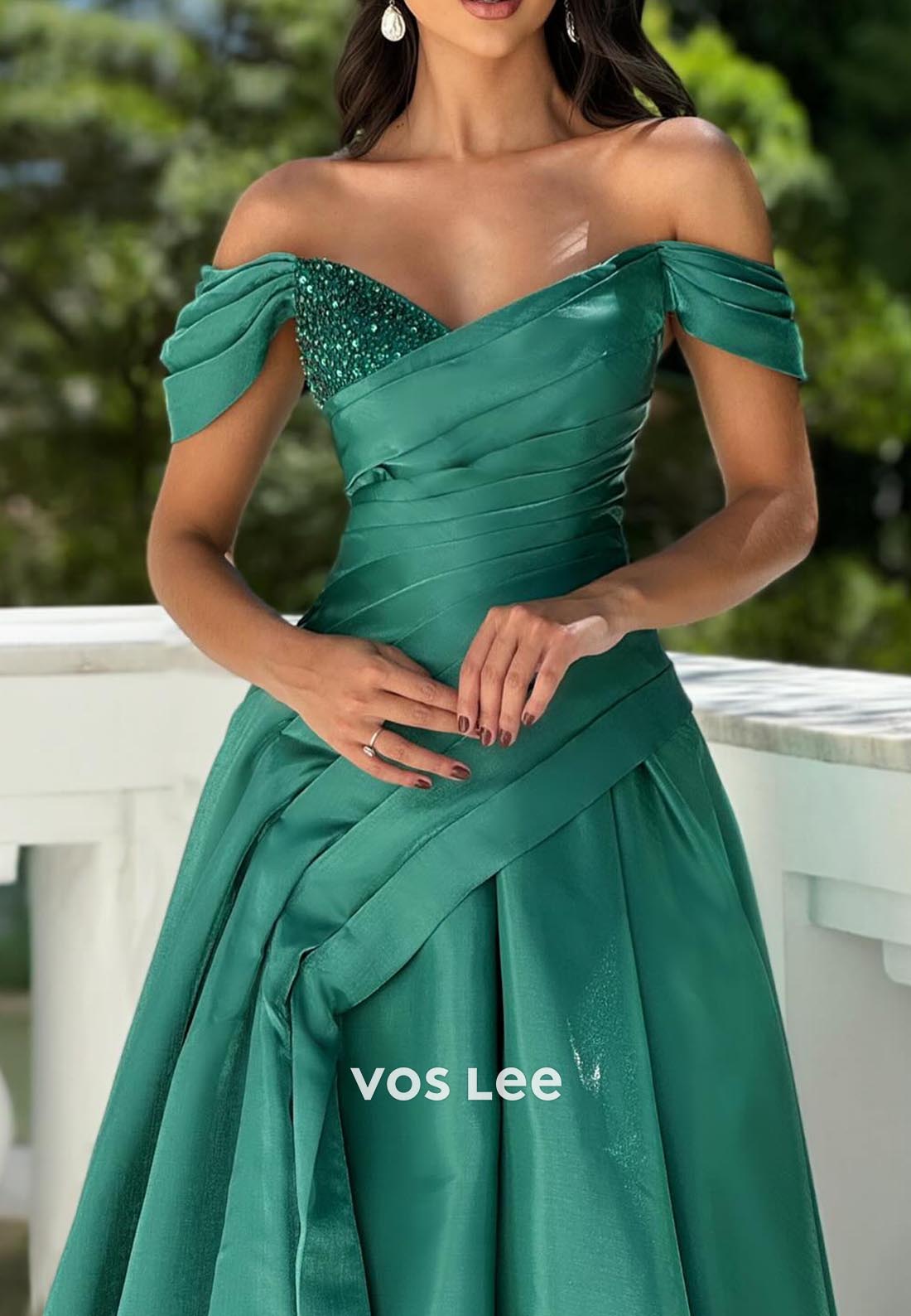Classic & Timeless Off-Shoulder Rhinestone Pleated Prom Dresses with Court Train