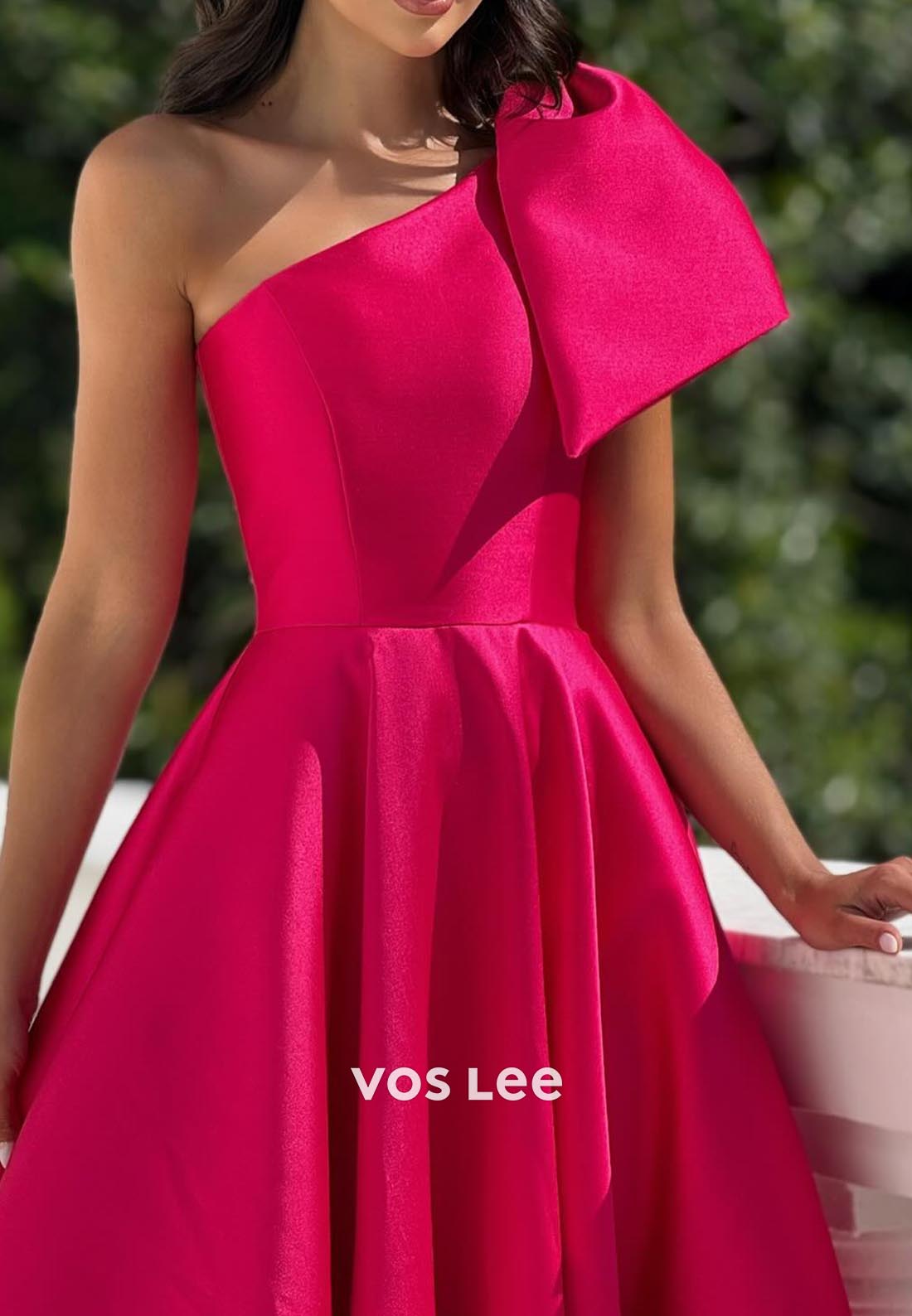 A-Line One Shoulder Bows Ruched Evening Prom Dresses with Brush Train
