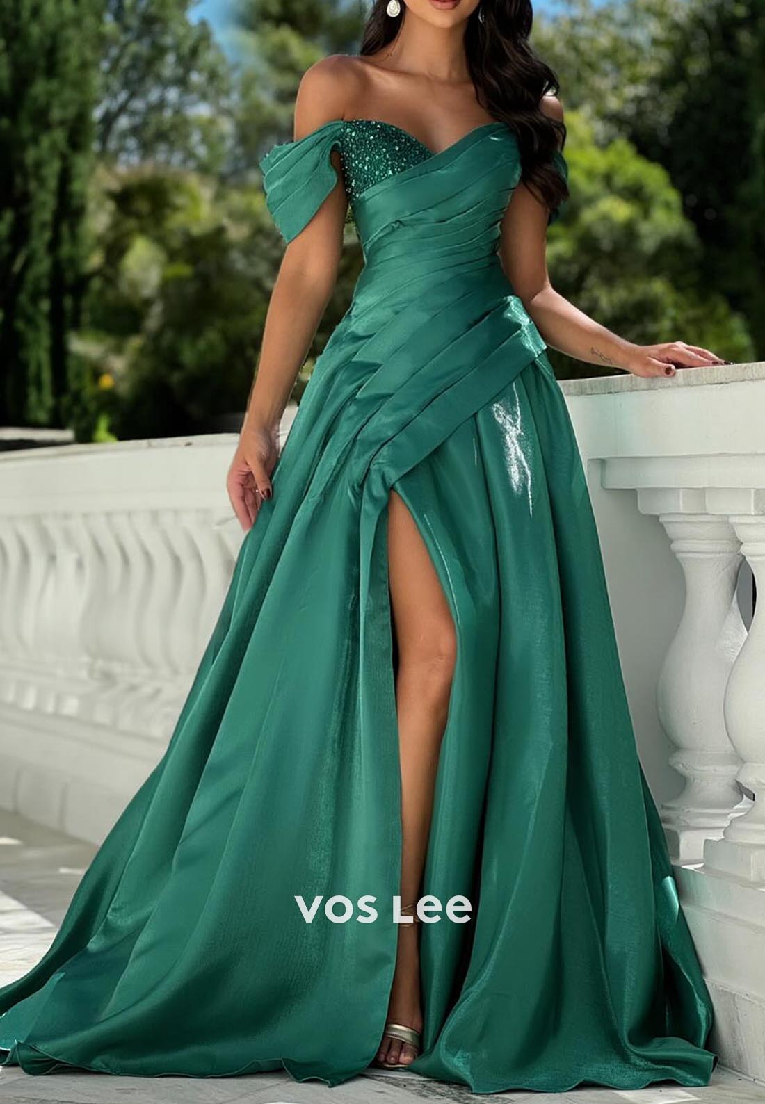 Classic & Timeless Off-Shoulder Rhinestone Pleated Prom Dresses with Court Train