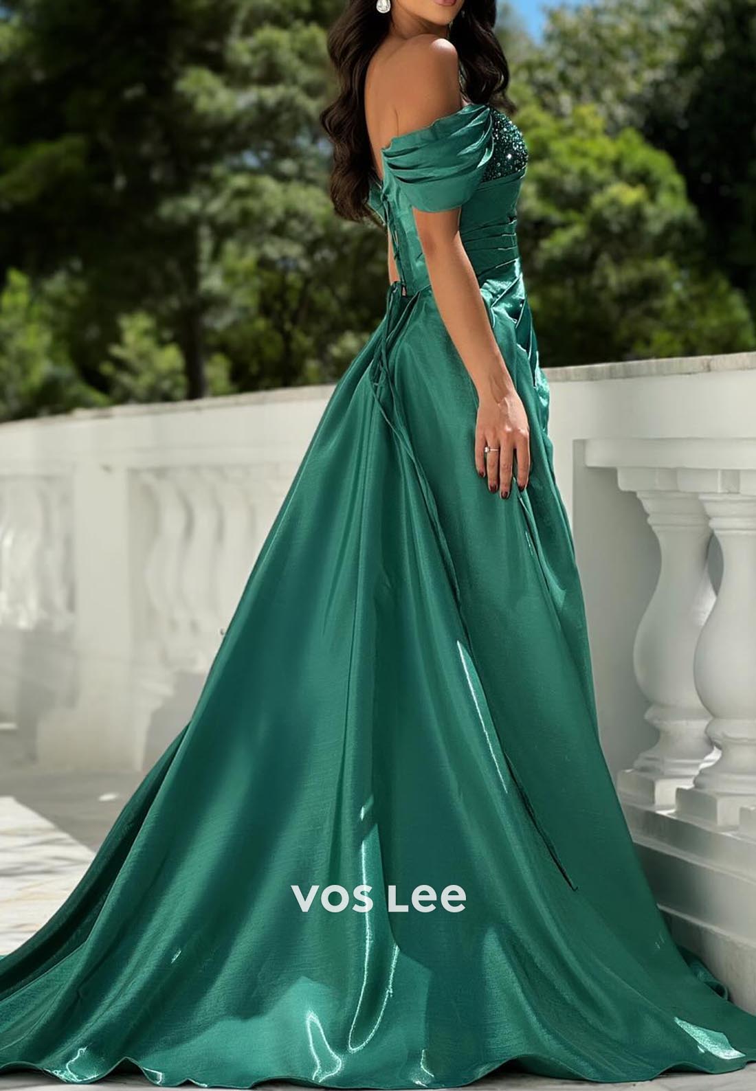 Classic & Timeless Off-Shoulder Rhinestone Pleated Prom Dresses with Court Train