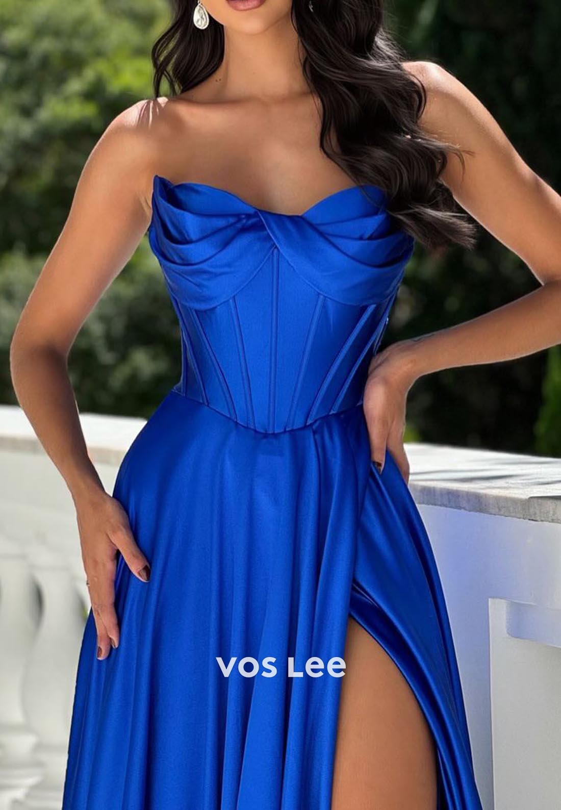 Classic Royal Blue Sweetheart Pleated Evening Prom Dresses with Brush Train
