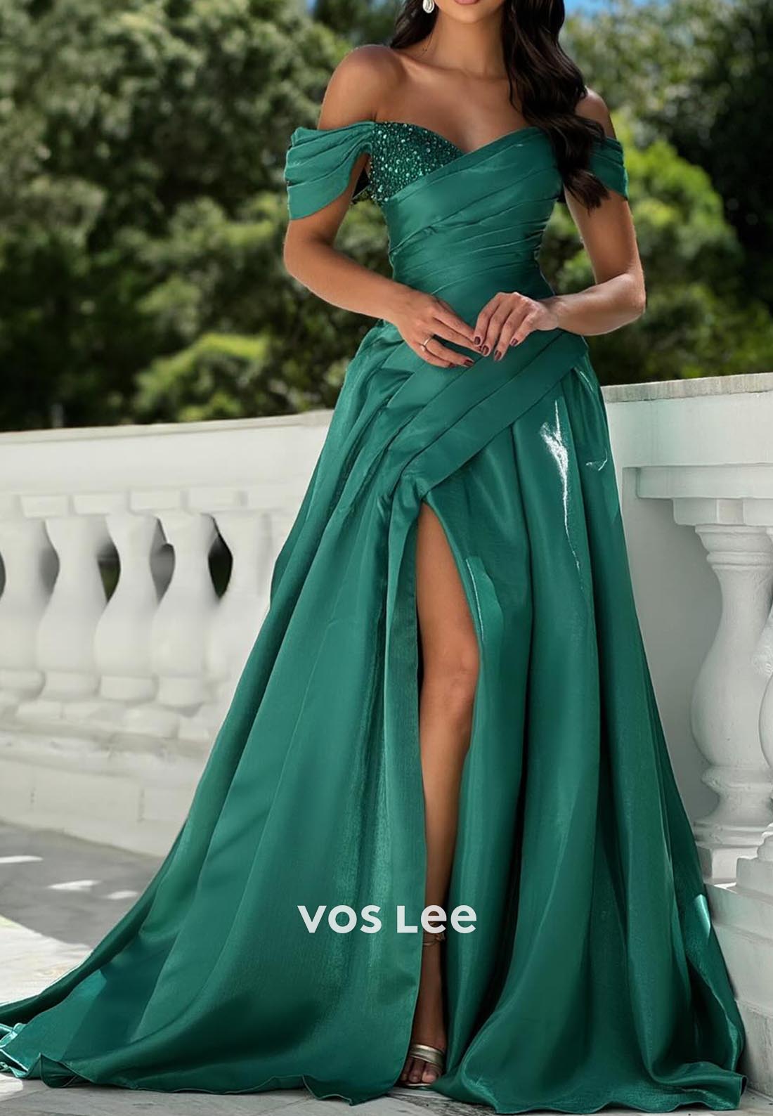 Classic & Timeless Off-Shoulder Rhinestone Pleated Prom Dresses with Court Train
