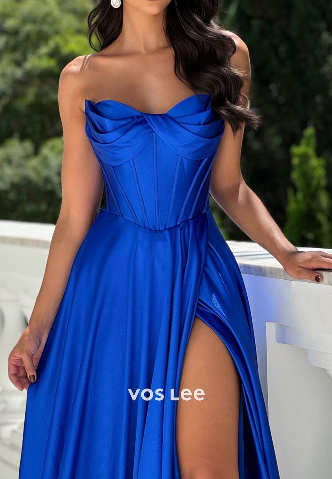 Classic Royal Blue Sweetheart Pleated Evening Prom Dresses with Brush Train